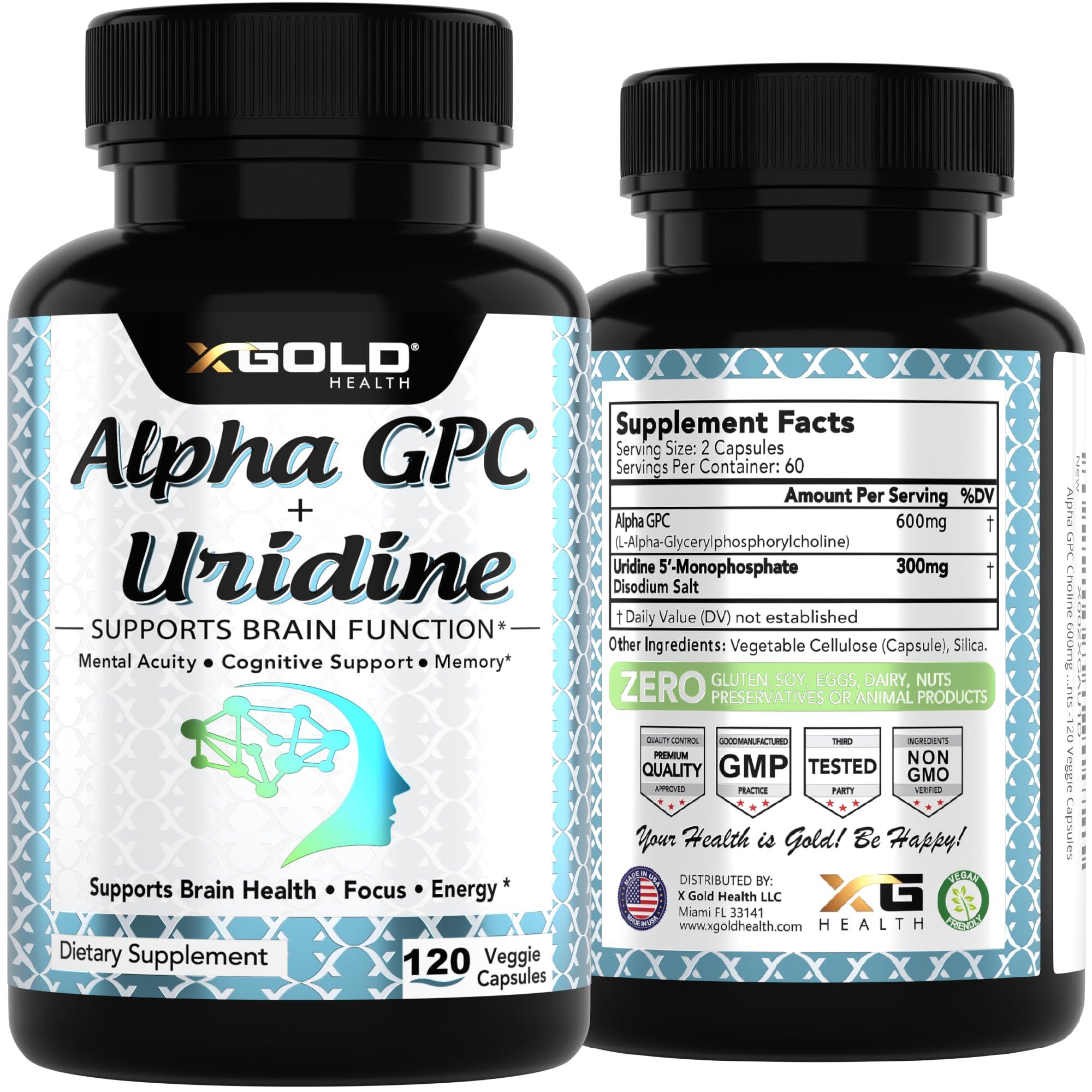 X Gold Health Alpha GPC Choline 600mg + Uridine Monophosphate 300mg-2-in-1 Nootropic Supplement Helps Boost Focus, Energy & Cognitive Performance -Potent Mood Enhancer & Brain Focus Supplements -120 Veggie Capsules