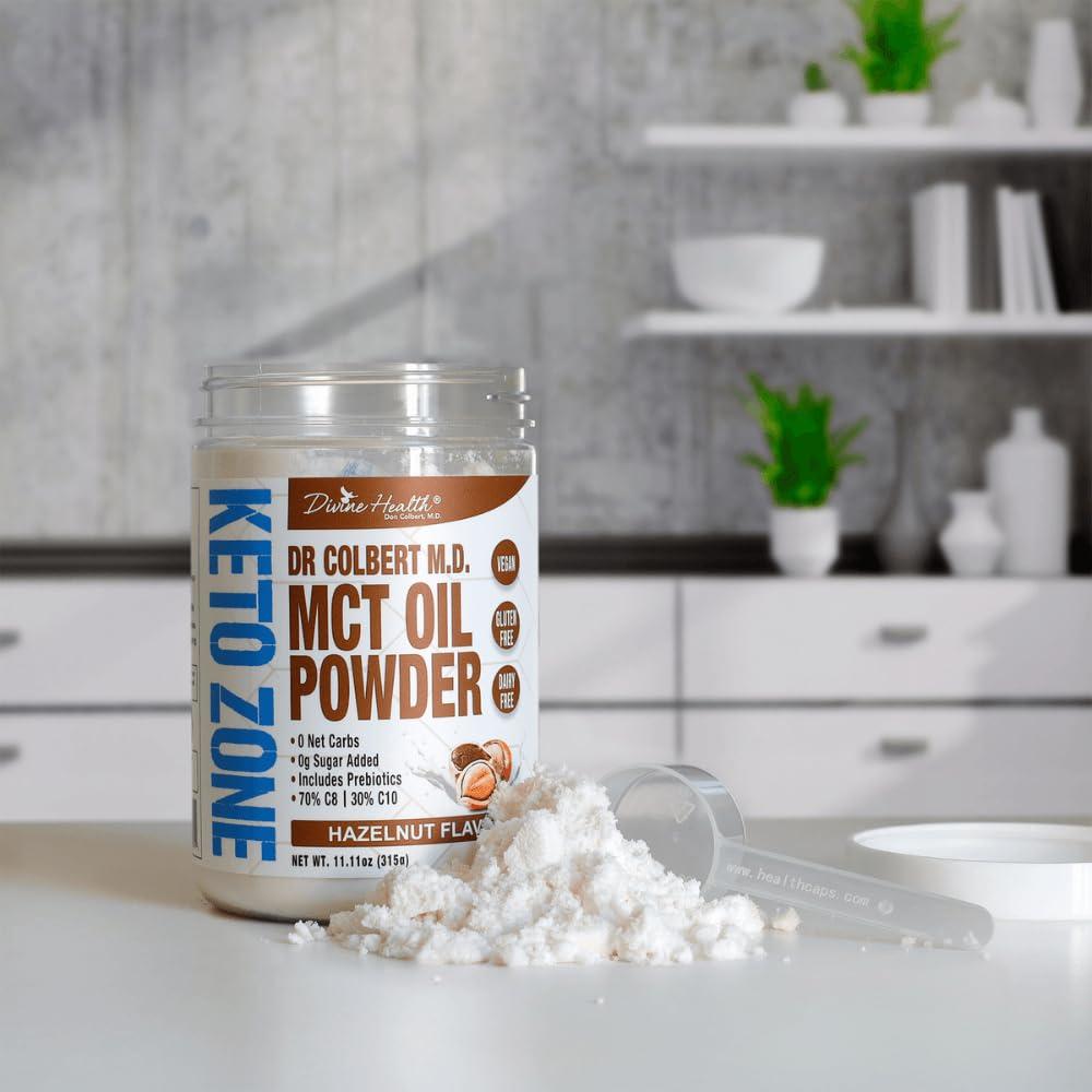 Divine Health Dr. Colbert MD MCT Oil Powder | Hazelnut Flavor | by Divine Health | Recommended in The Keto Zone Diet book | 70% C8 | 30% C10 | 0 Net Carbs | Alternative to Coffee Creamer | 315g