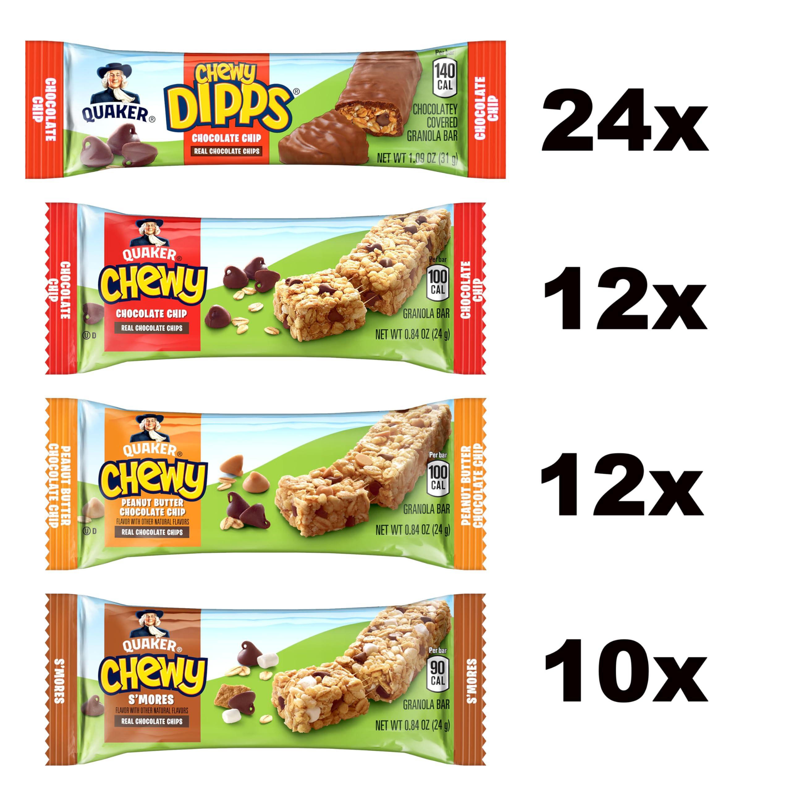 Quaker Quaker Chewy Granola Bars, Chewy & Dipps 4 Flavor Variety Pack, 58 Pack, Chocolate Chip, Peanut Butter Chocolate Chip, Smores flavors