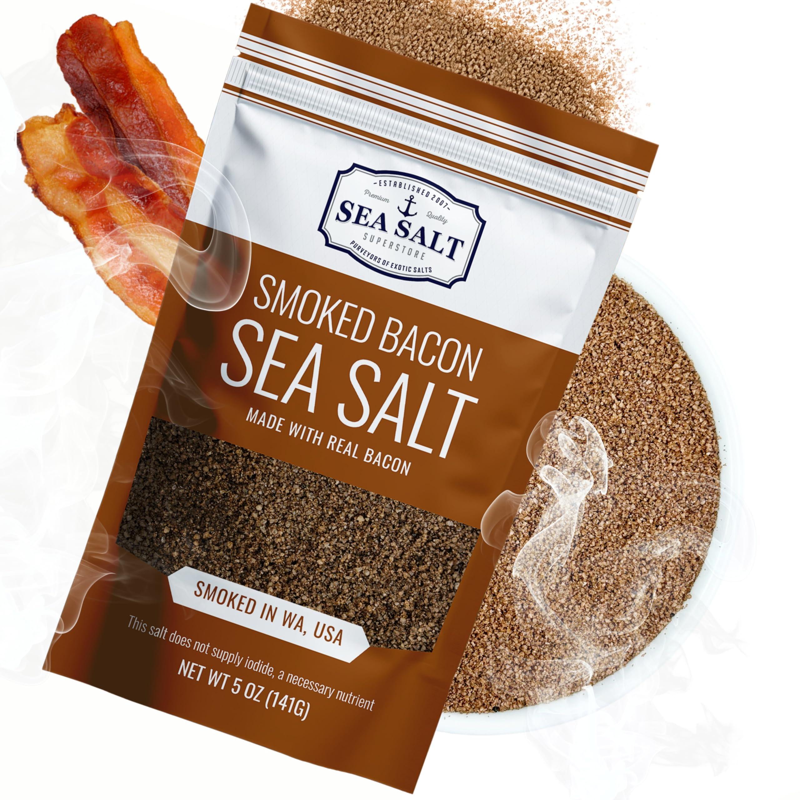 Sea Salt Superstore Smoked Bacon Sea Salt, Bacon Seasoning Smoked Salt, Alderwood Smoked Sea Salt, Bacon Infused Cooking and Finishing Salt, 5 oz Bag Bacon Salt, Sea Salt Superstore