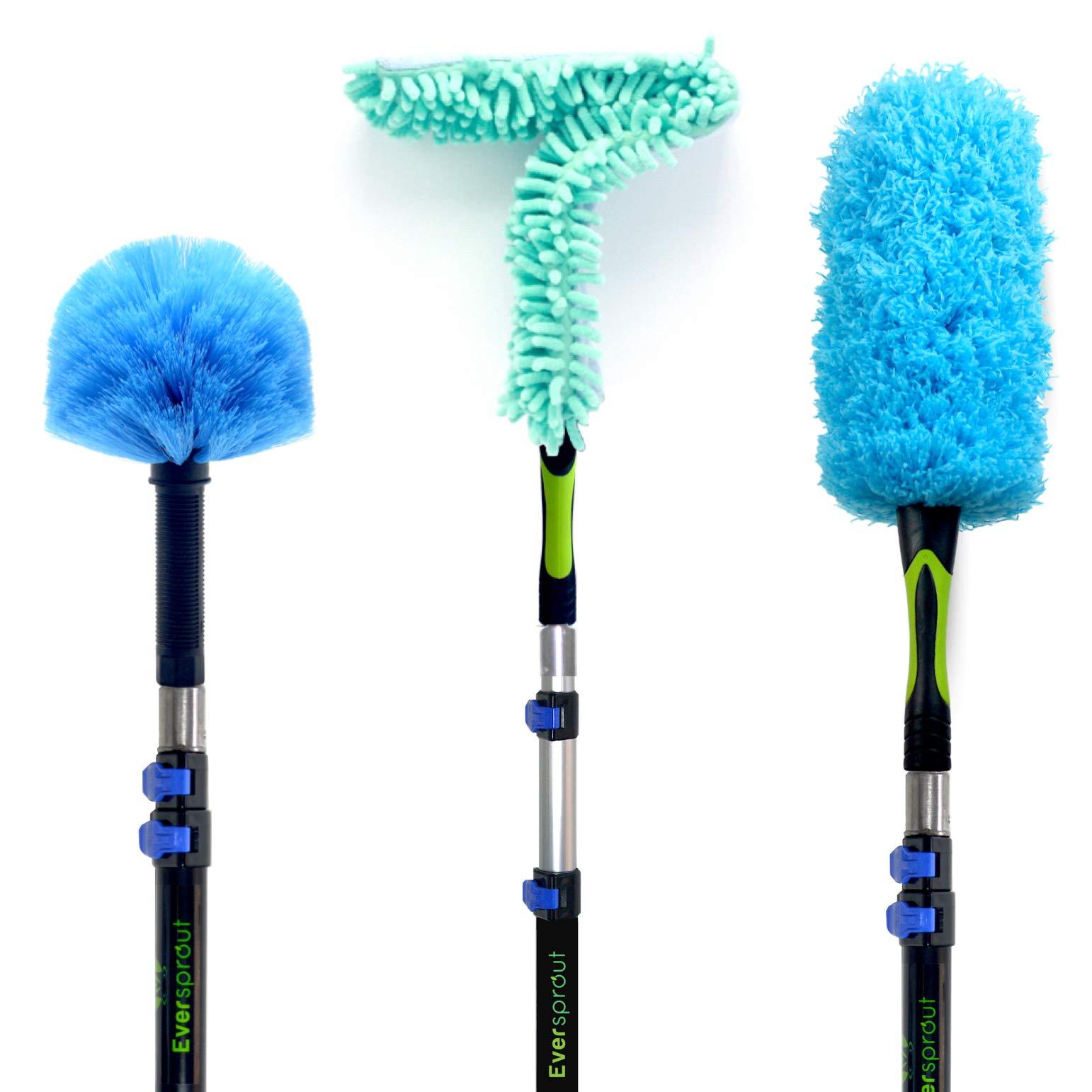 EVERSPROUT EVERSPROUT 1.5-to-3 Ft Duster 3-Pack with Extension-Pole (8-10 Ft Standing Reach) | Hand-Packaged Cobweb Duster, Microfiber Feather Duster, Flexible Microfiber Ceiling & Fan Duster | Telescopic Pole
