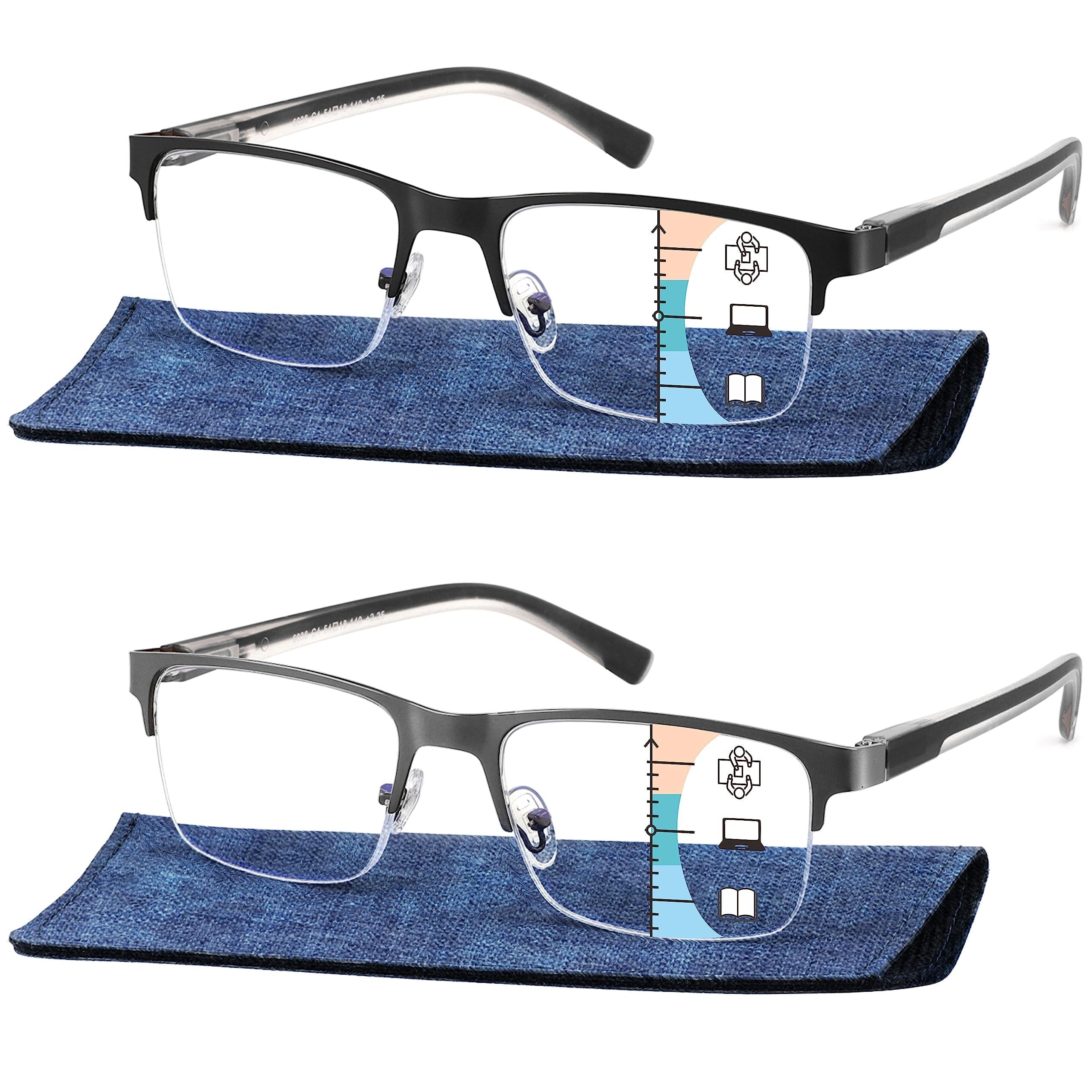 JCUANGR Bifocal Reading Glasses for Men, No Line Bifocals Progressive MultiFocus Readers, Wide Clear Top Transition Non Prescription Multifocal Eyeglasses,Large Anti Blue Light Multi focals Half Frame +1.0