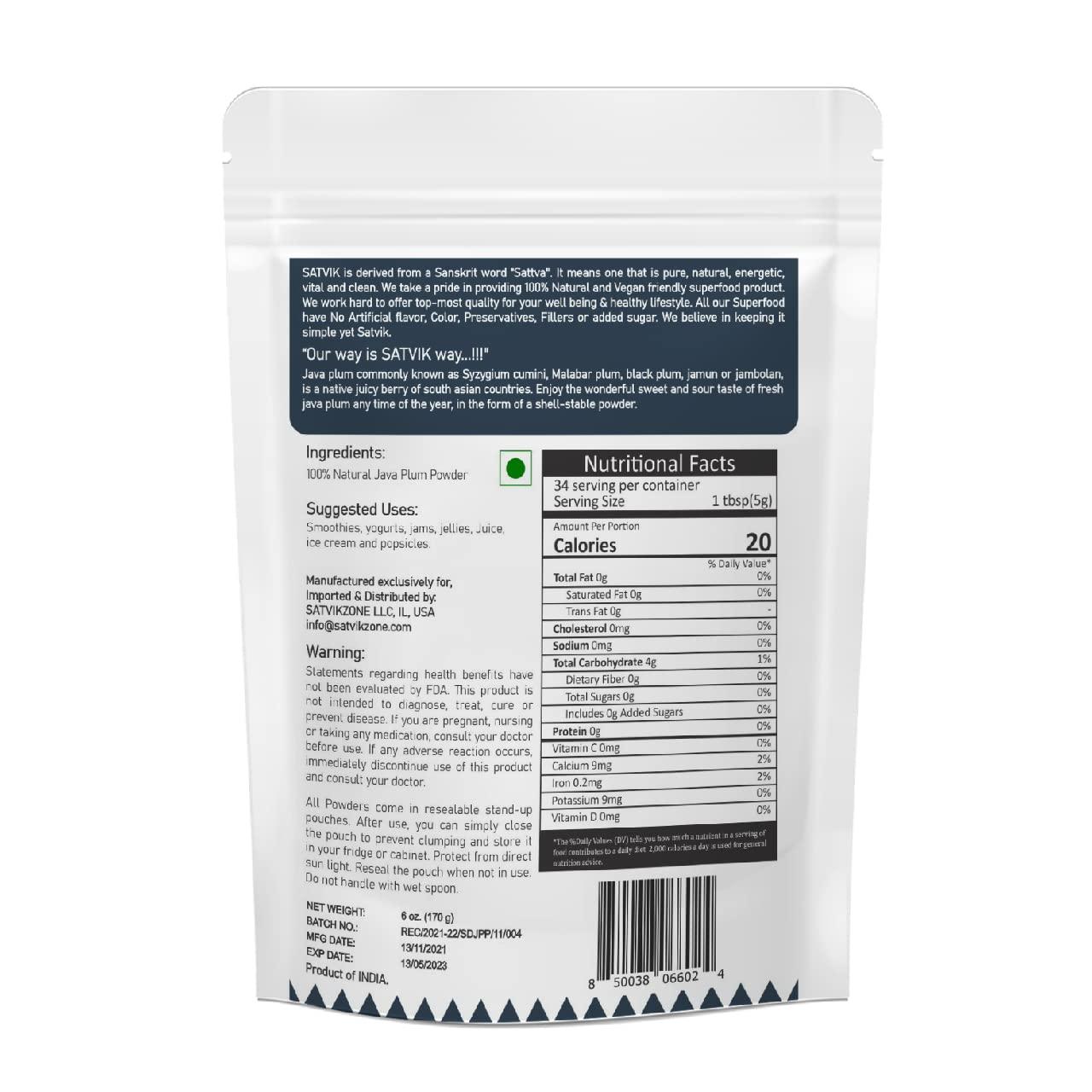 SATVIKZONE Java Plum Jamun Fruit Powder, 100% Natural, 6 oz, Vegan Friendly, No Added Sugar, No Artificial Flavors/Colors/Preservatives, NON-GMO, Eco-friendly Standup Resealable Pouch