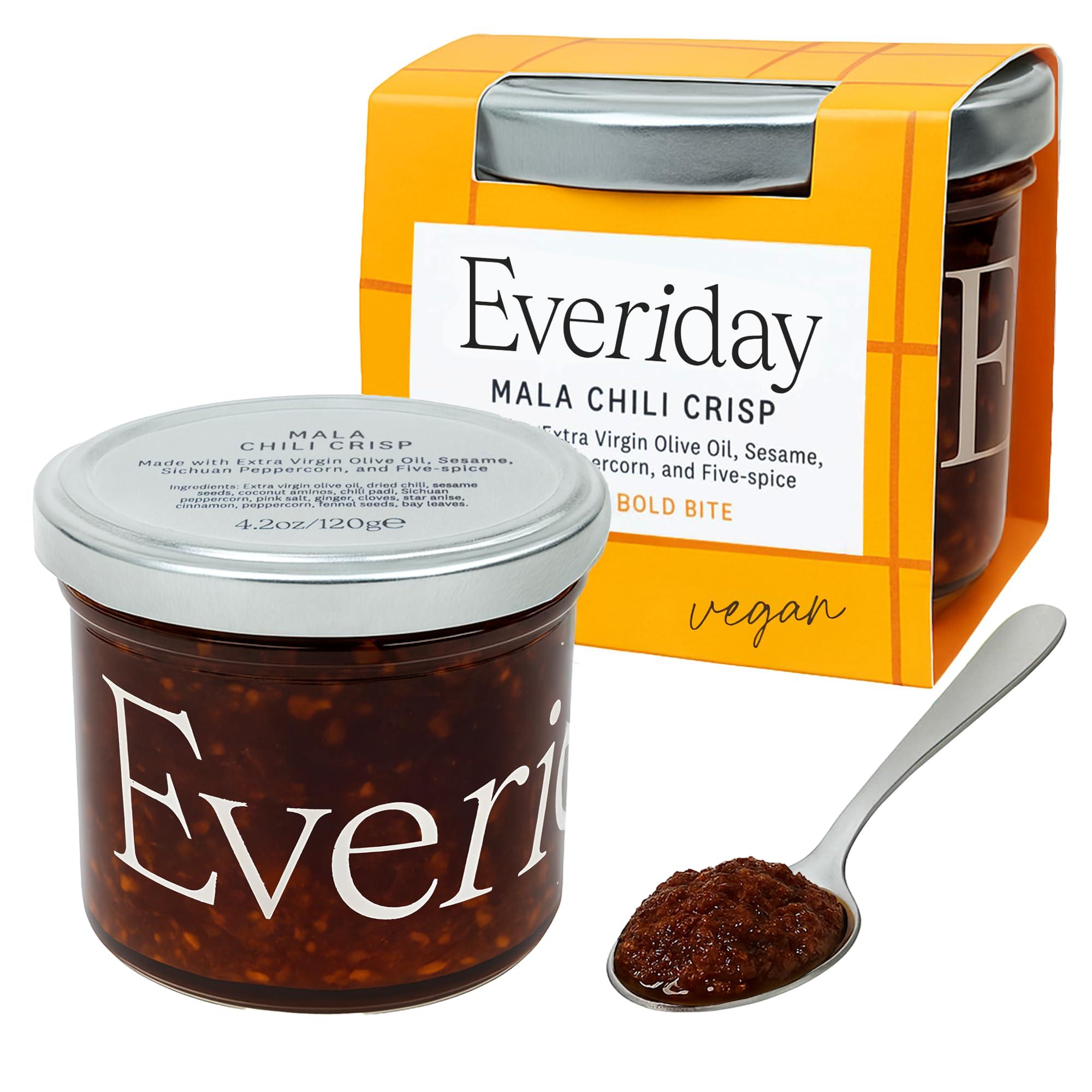 Everiday Foods EVERIDAY Mala Chili Crisp | Fiery Sichuan Chili Oil Made with Extra Virgin Olive Oil | Hot Sauce Alternative | All-Natural, Gluten-Free, Vegan, Keto, Whole30 Approved | 4.2 oz