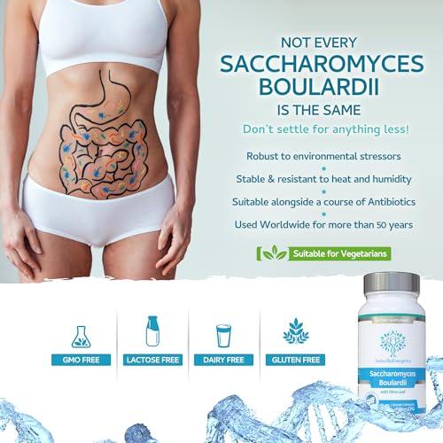 swiss bioenergetics Saccharomyces Boulardii 5 Billion CFU 90 Capsules - No Refrigeration Required - High Strength Non-Colonising Yeast with synergistic Olive Leaf, Biotin and Vitamin D3
