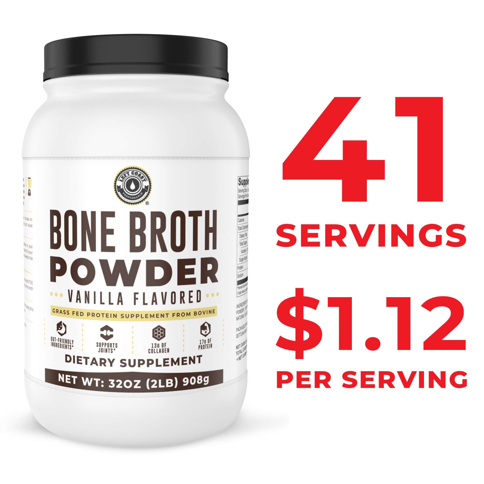 Left Coast Performance 32oz Vanilla Bone Broth Protein Powder From Grass Fed Beef - Non-GMO Ingredients, Gut-Friendly, Low Carb Dairy Free Protein Powder - Natural Collagen Source For Joint Support - Keto Friendly