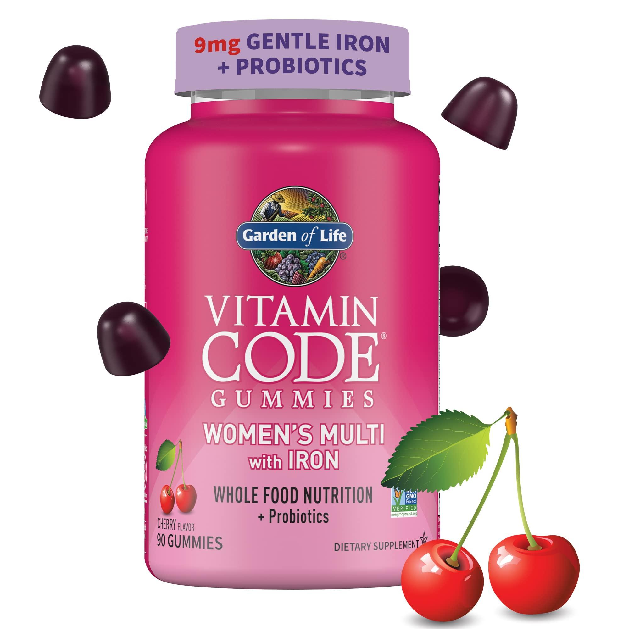 Garden of Life Womens Multivitamin Gummy with Iron: Folate, Biotin, D3 & B12 for Hair, Skin & Nails + Probiotics for Immune Health & Digestion, Vitamin Code, Non-GMO, Gluten-Free, 90 Cherry Gummies, 30 Day Supply