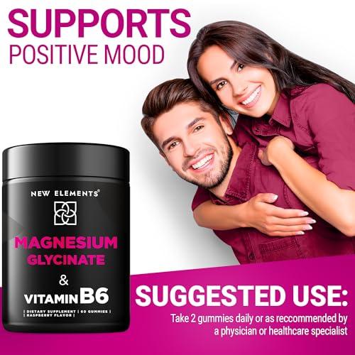 New Elements Magnesium Glycinate Gummies 500mg with Vitamin B6 100mg for Adults and Kids - High Absorption | Non-GMO | No Gluten | Stress Relief | Sleep & Relaxation | Muscle & Heart Support | Natural & Vegan