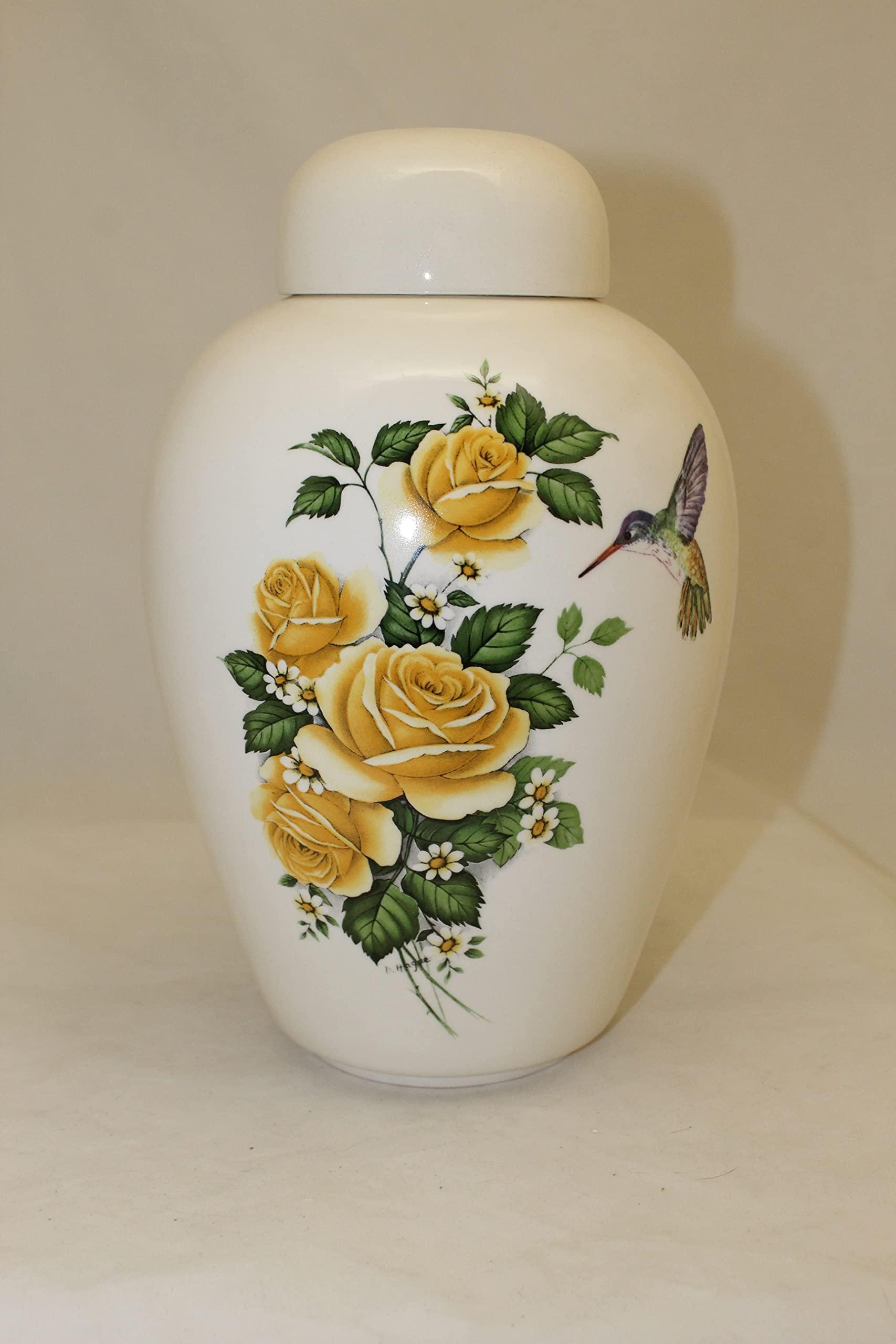 Skyline Arts Hummingbird with Yellow Roses - Floral Funeral Urn - Cremation Urn for Human Ashes - Hand Made Pottery