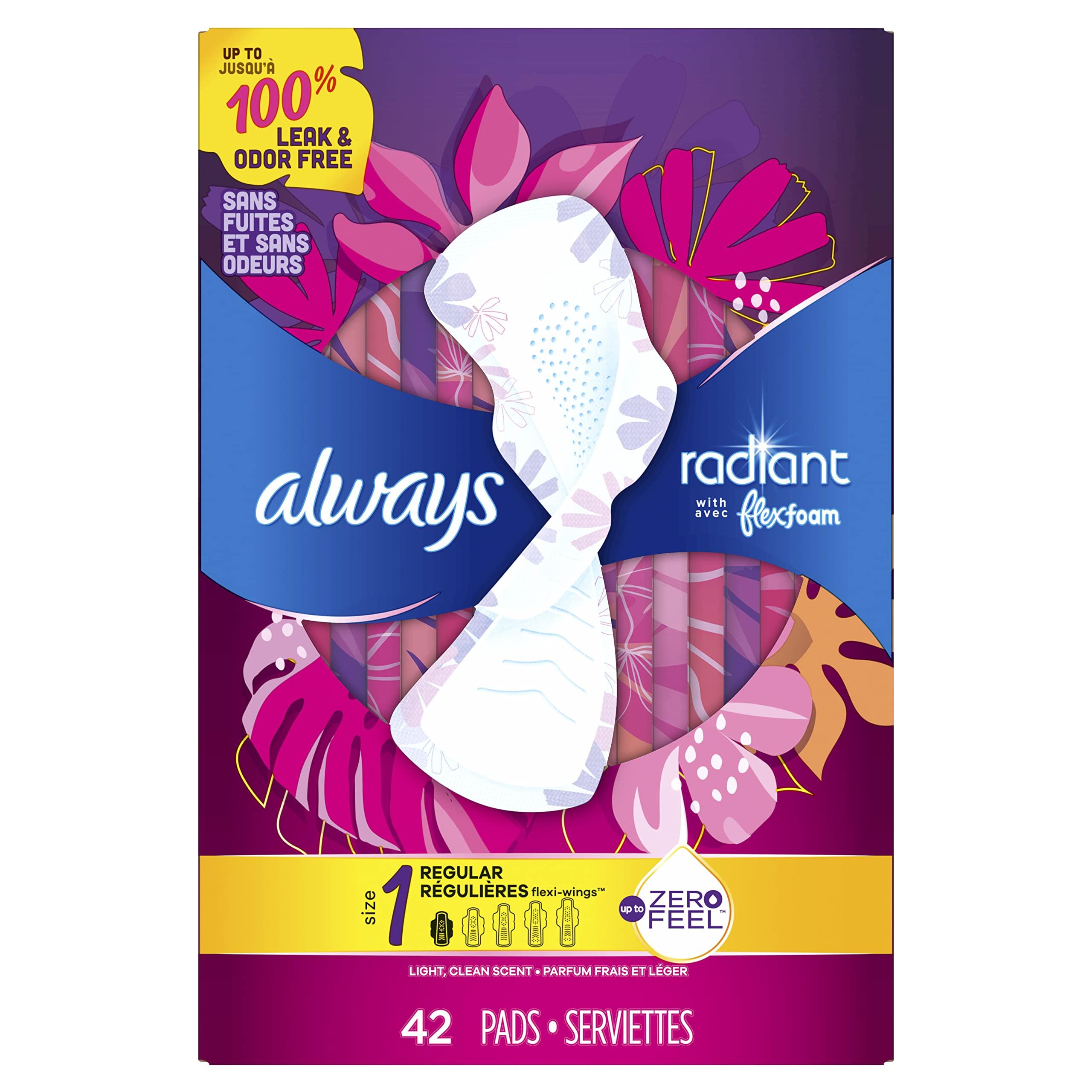 Always Always Radiant Feminine Pads for Women, Size 1 Regular, with Wings, Scented, 42 CT
