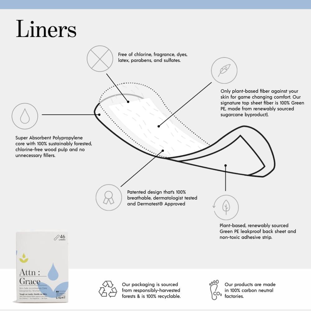 ATTN : GRACE Attn: Grace Panty Liners for Women - 46 Liners for Light Urinary Incontinence, Bladder Leakage or Postpartum - 100% Breathable & Plant-Based Materials Active Odor Control - Free from Harsh Chemicals