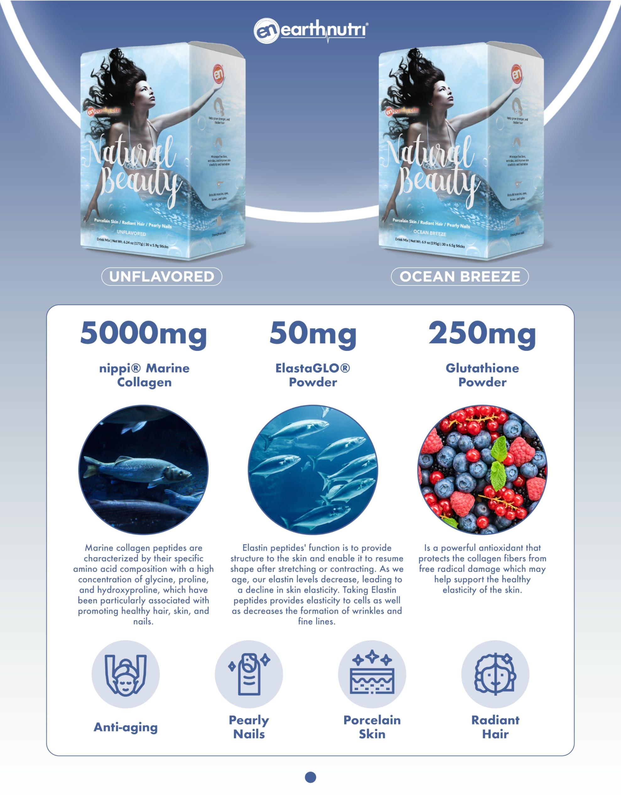 EarthNutri EarthNutri Marine Collagen Peptides Powder Supplement for Skin, Hair & Nails Enhances Skin Elasticity & Hydration Hydrolyzed Collagen 5000mg per Serving Non-GMO Ocean Breeze (30 Sticks Pack)