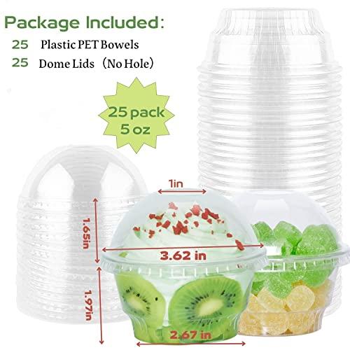 botogift botogift 5 oz Clear Plastic Dessert Cups with Dome Lids (25Sets) - Disposable Snack Bowls (No Hole) for Cereal Parfait, Yogurt, Fruit, Cupcakes, Pudding and Jello at Party