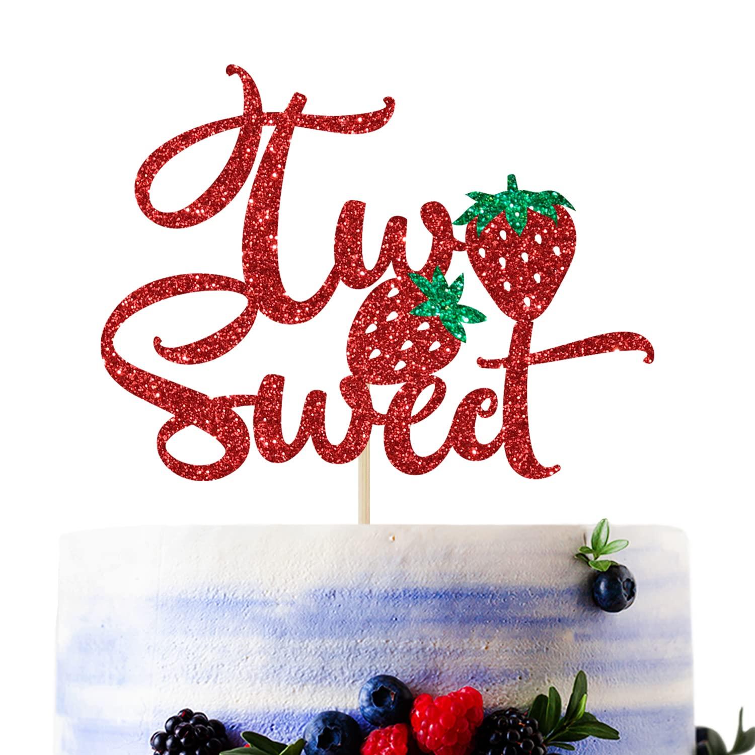 Sriburcio Red Glitter Two Sweet Cake Topper, Sweet to Be Two/Two Cute/Two Wild/Happy 2nd Birthday, Strawberry Themed 2nd Birthday Party Decorations
