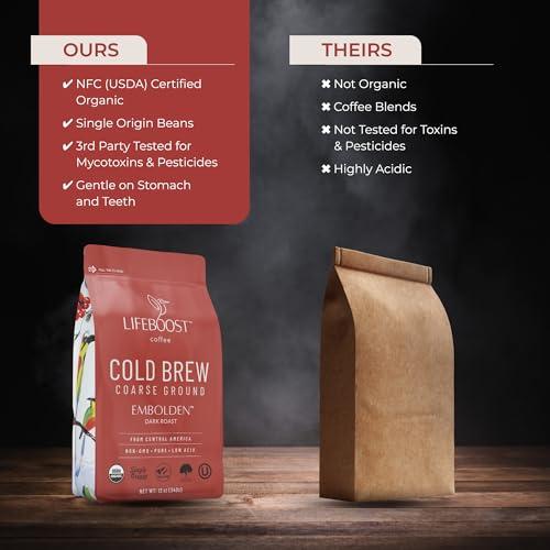 LIFEBOOST Lifeboost Dark Cold Brew Coffee - Low Acid Coarse Ground Coffee for Cold Brew - Single Origin Non-GMO USDA Organic Cold Brew Coffee Grounds - 3rd Party Tested For Mycotoxins & Pesticides - 12 Ounces
