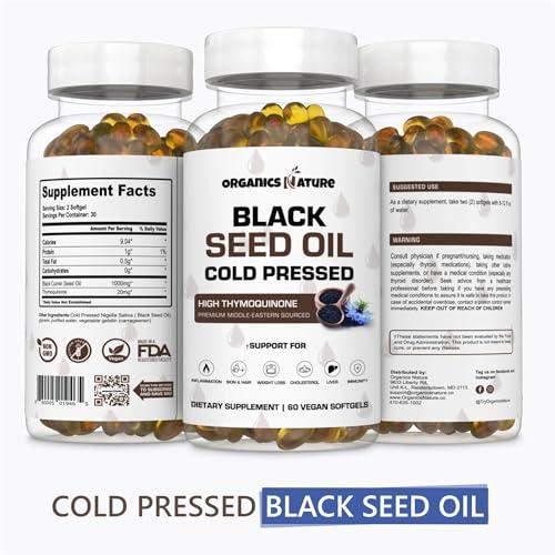 ORGANICS NATURE ORGANICS NATURE Black Seed Oil Capsules 1000MG Vegan Softgels, for Hair & Skin, Heart Support, Nigella Sativa - 100% Cold Pressed Cumin Seed Oil Capsules High Thymoquinone, Omega 3s