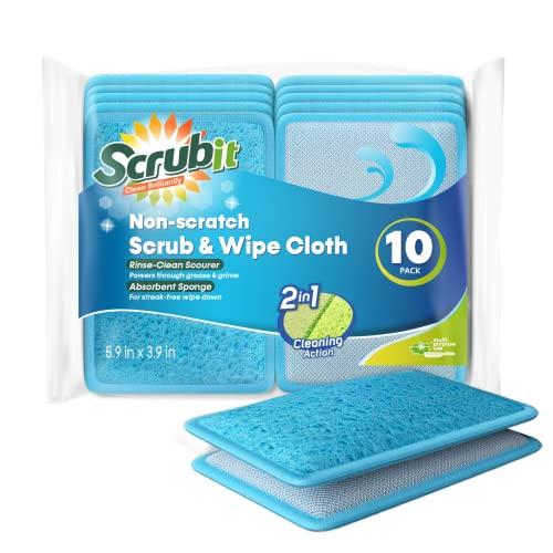 SCRUBIT Scrub and Wipe Cleaning Sponges [10 Pack] SCRUBIT Dual Sided Scouring Pad and Sponge - Reusable Kitchen Scrubbing Sponges for Dishes, Pots, Pans Utensils & Non-Stick Cookware (Blue)