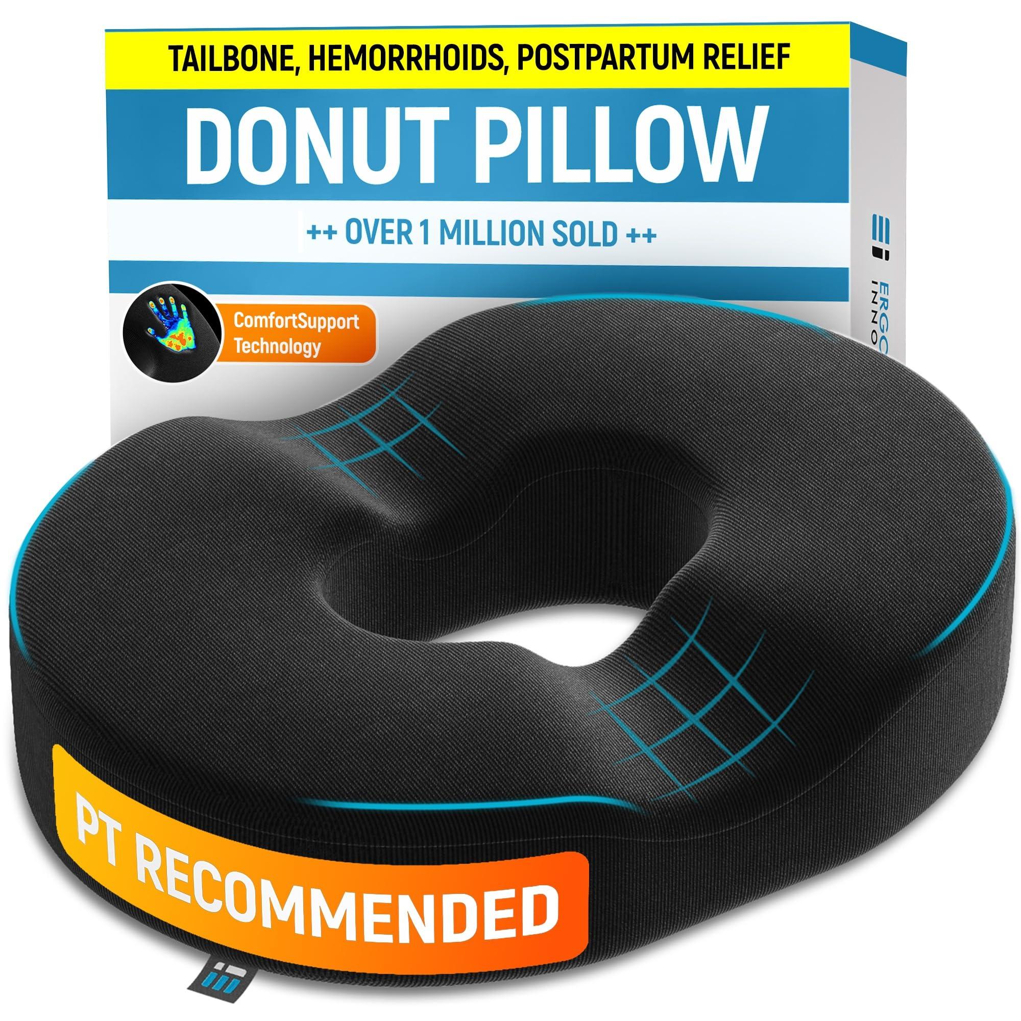 Ergonomic Innovations Donut Pillow Coccyx Seat Cushion for Tailbone Pain Relief, Hemorrhoid Pillow, Post Surgery, Postpartum Pregnancy, Back, Hip Pain, Sitting Butt Doughnut Ring, Comfortably Supports 240 Lbs Men & Women
