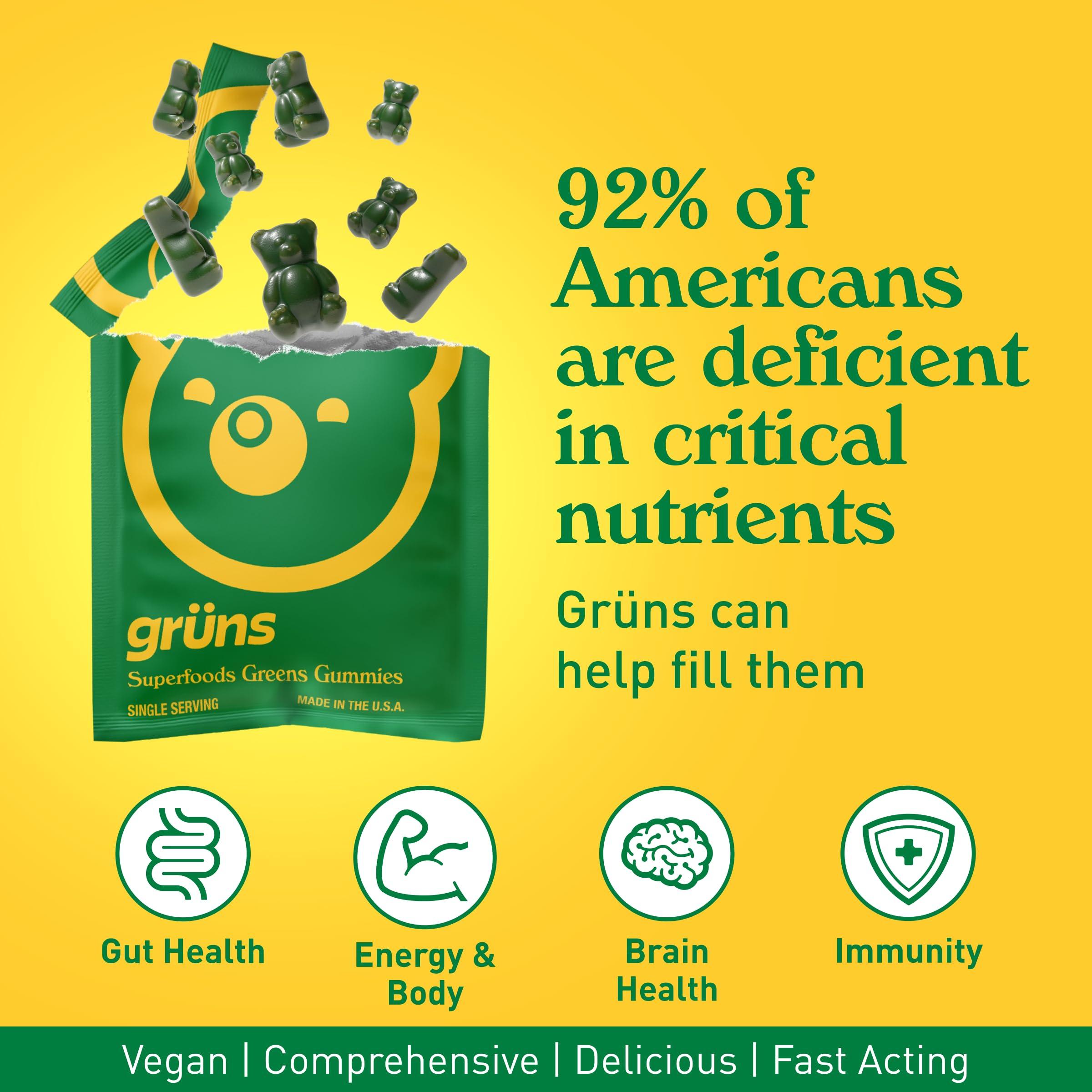 Grns Gruns Adults Super Greens Gummies, Superfood Gummy Bears with Spirulina, Chlorella & Prebiotics for Digestive Health - Adaptogens Supplement with 20 Vitamins & Minerals, Low Sugar- 1 Month Supply