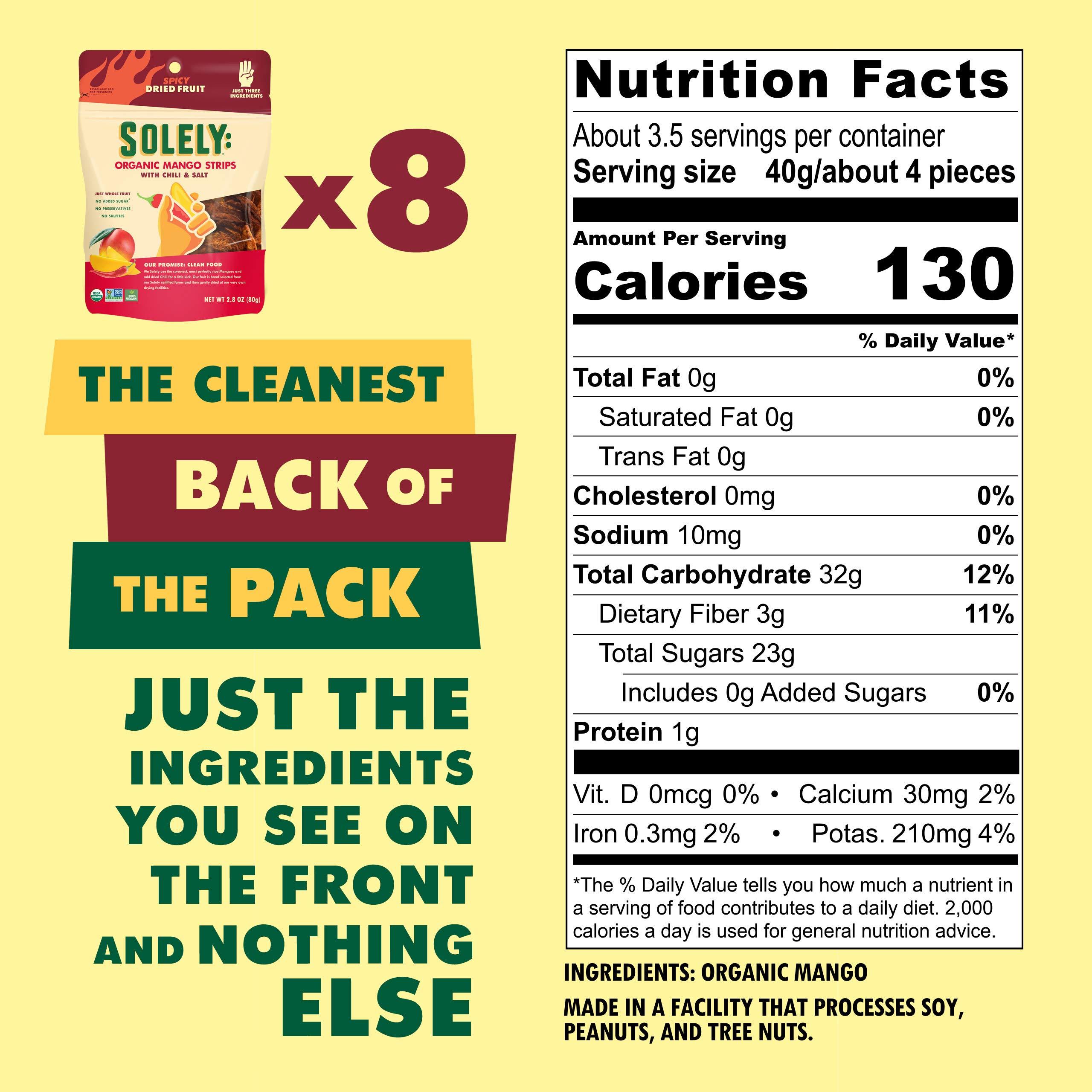 SOLELY SOLELY - Organic Dried Mango Strips with Chili and Salt (2.8 oz Resealable Bags, Pack of 8) Real Fresh Fruit - Healthy Snacks for Adults & Kids - Non GMO, Vegan Snacks, Shelf Stable - 8 Bags (22.4 oz)