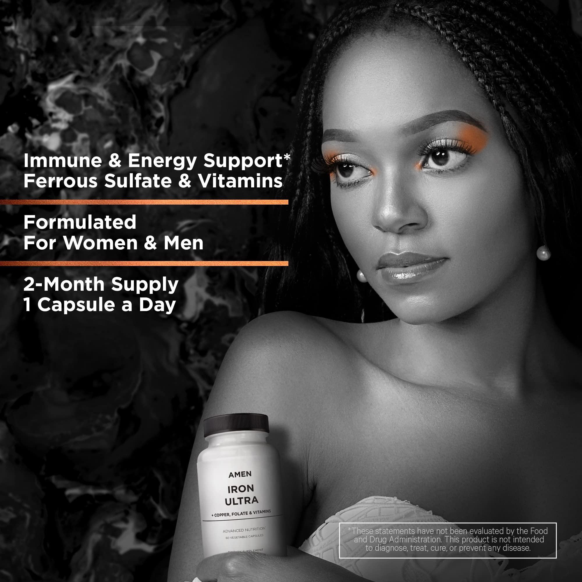 Amen Amen Iron Ultra Supplement + Copper, Folate, Vitamin C and Vitamin B12-2-Month Supply - Ferrous Sulfate Iron Vitamin - Iron 65mg Per Serving - Iron Folic Acid - Non-GMO Iron Pills - 60 Capsules