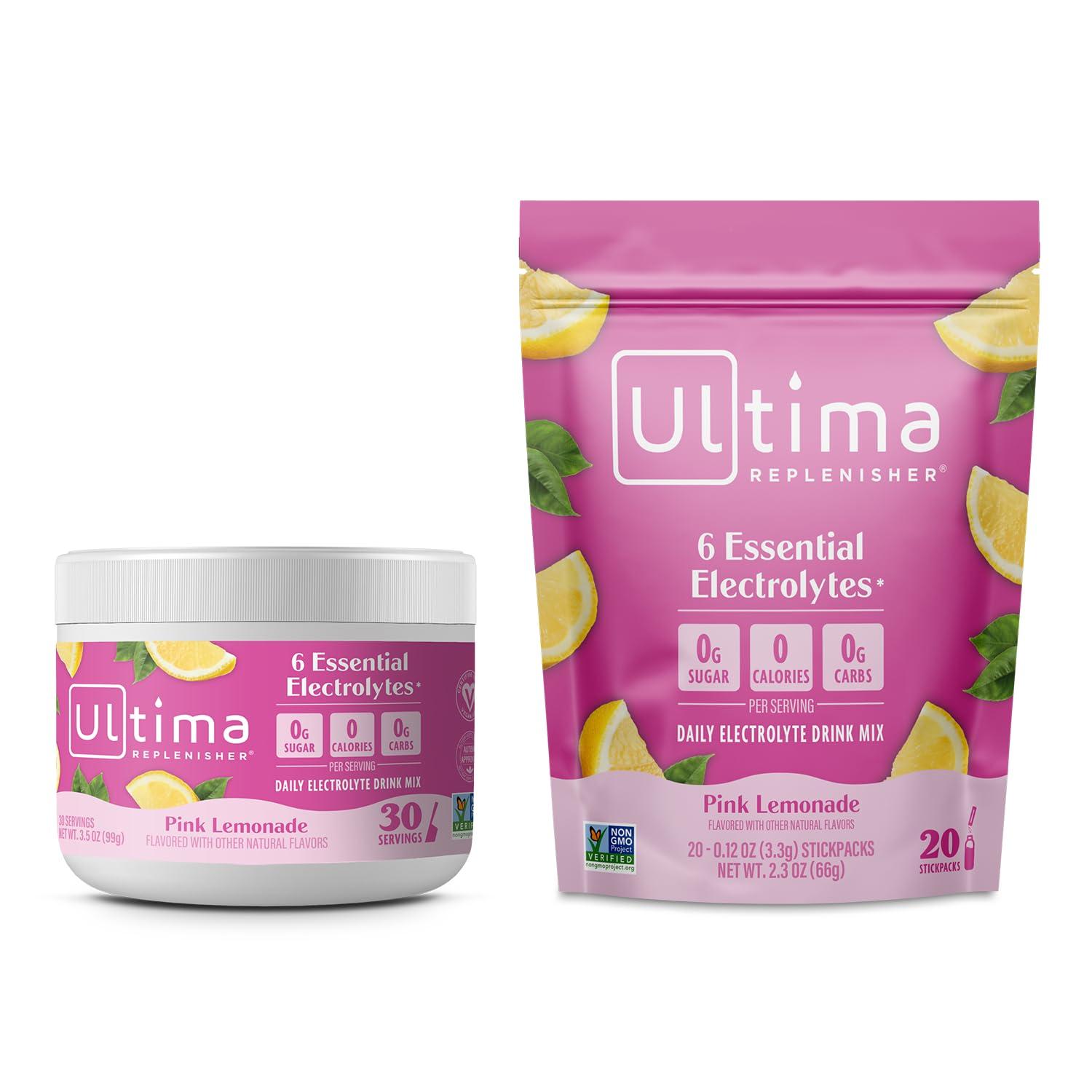 Ultima Replenisher Ultima Replenisher Electrolyte Powder Drink Mix Bundle  Pink Lemonade, 30 Serving Canister and 20 Stickpacks  6 Electrolytes and Minerals  Keto Friendly, Vegan, Non-GMO and Sugar-Free