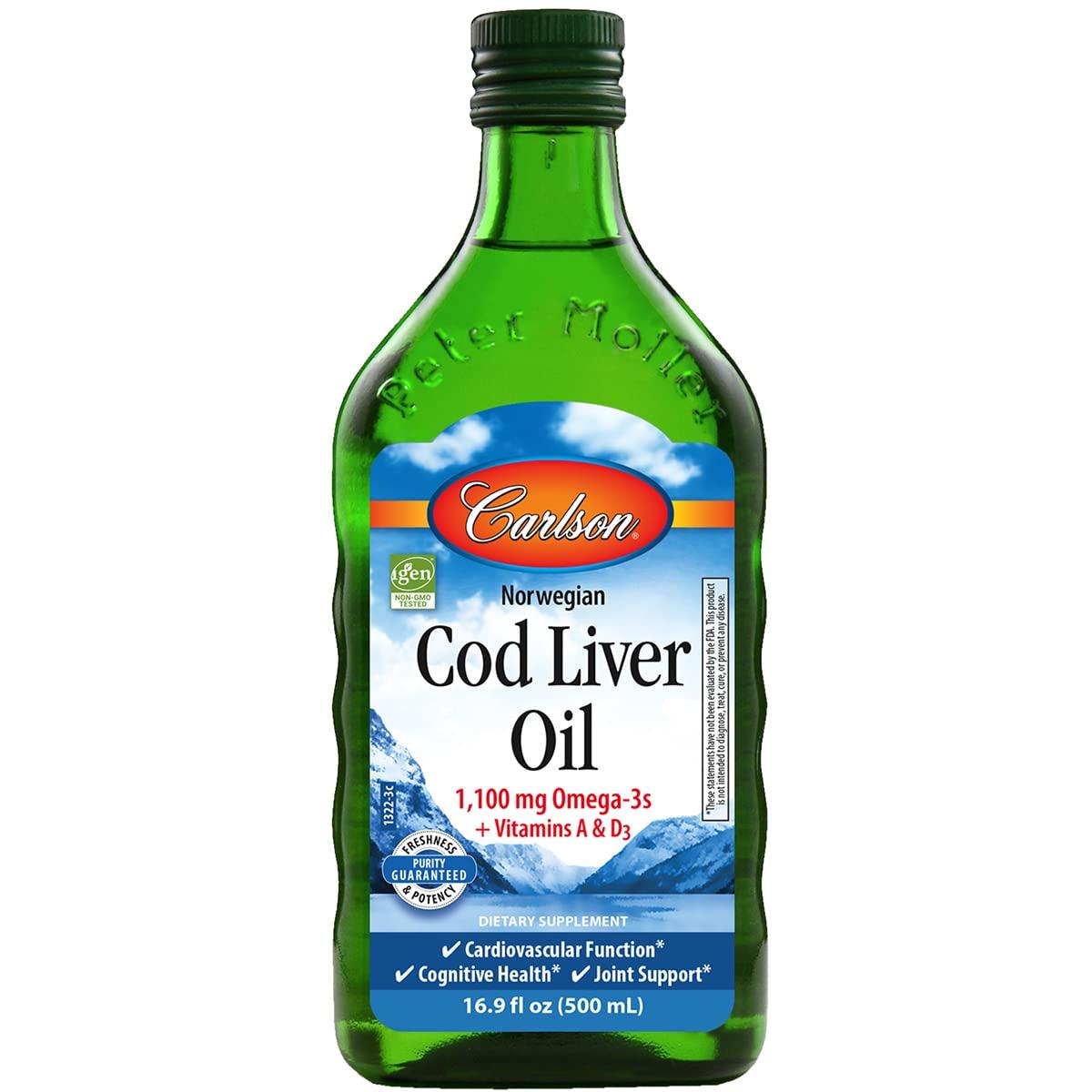 Carlson Carlson - Cod Liver Oil, 1100 mg Omega-3s + A & D3, Wild-Caught Norwegian Arctic Cod-Liver Oil, Sustainably Sourced Nordic Fish Oil Liquid, Unflavored, 500 ml (16.9 Fl Oz)
