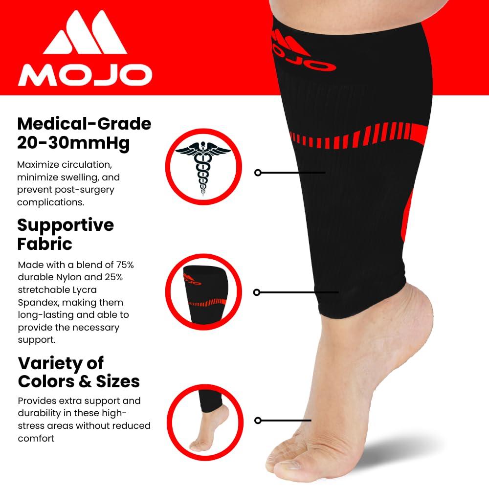 Mojo Compression Socks Mojo Compression Sleeve for Women and Men 20-30mmHg - Opaque Footless Compression Socks for Varicose Veins Circulation, Bariatric, Swelling - Black/Red, Medium - A604