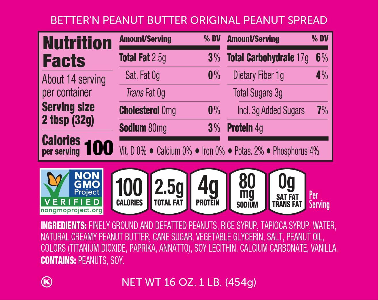 Better'n Peanut Butter Original Low Fat Peanut Butter Spread by Bettern Peanut Butter, Creamy Low-Calorie Peanut Spread with No Saturated Fat, Gluten Free, Dairy Free, Non GMO, Kosher, Pack of 2, 16 oz. Glass Jars
