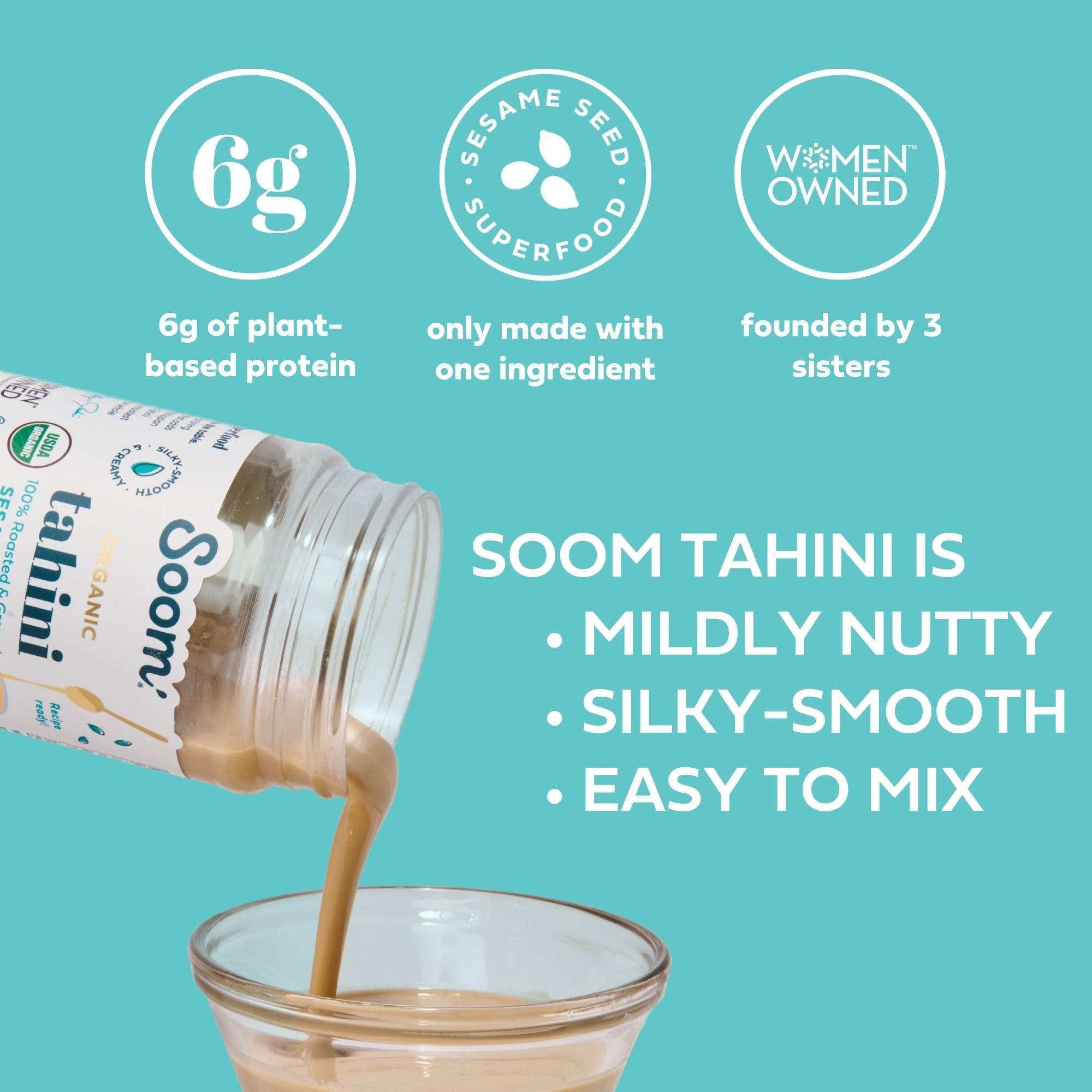 Soom Soom Foods Organic Tahini 11oz (2 Pack) | Roasted & Ground Sesame Seed Paste | Creamy Texture for Hummus, Sauces, Dips, Dressings | Vegan, Peanut-Free, Nut-Free, Gluten-Free, Dairy-Free, Keto, Paleo, Kosher | All-Natural