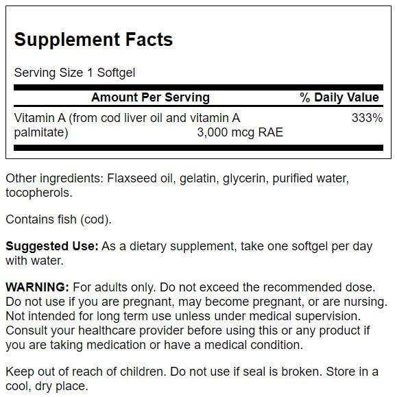 Swanson Swanson Vitamin A 10,000 IU (3,000 mcg RAE) Natural Nourishment for Bone, Skin Health, Vision Support & Immune System Function - High Absorption Vitamin A 250 Softgels (2 Pack)