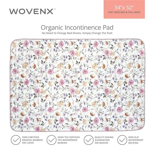 wovenx WOVENX Organic Incontinence Pads for Kids & Toddlers - 5 Layer Waterproof Protectors for Overnight Bed Wetting - Reusable & Washable Pee Pads - Fits Twin to Full Size Beds - 34\" x 52\" Flower