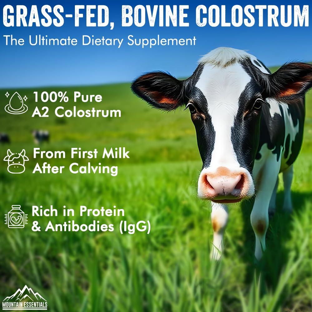 MOUNTAIN ESSENTIALS Freeze Dried A2 Colostrum Powder 3.5 Oz Bovine Grass Fed, Gluten Free, Non-GMO, Sugar Free with 1 Year Shelf Life 50 Servings | Dietary Supplement Immune Support, Gut Health, Muscle Recovery 1 Pack