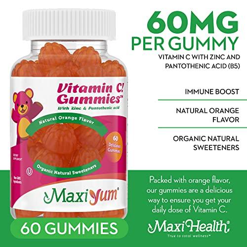 Maxi Health Vitamin C Gummies with Zinc - Maxi-Health Vitamin C with Zinc for Children and Adults - Respiratory Support and Immune Booster - No Preservatives and Artificial Flavors - 60 Fruit Shaped Gummies