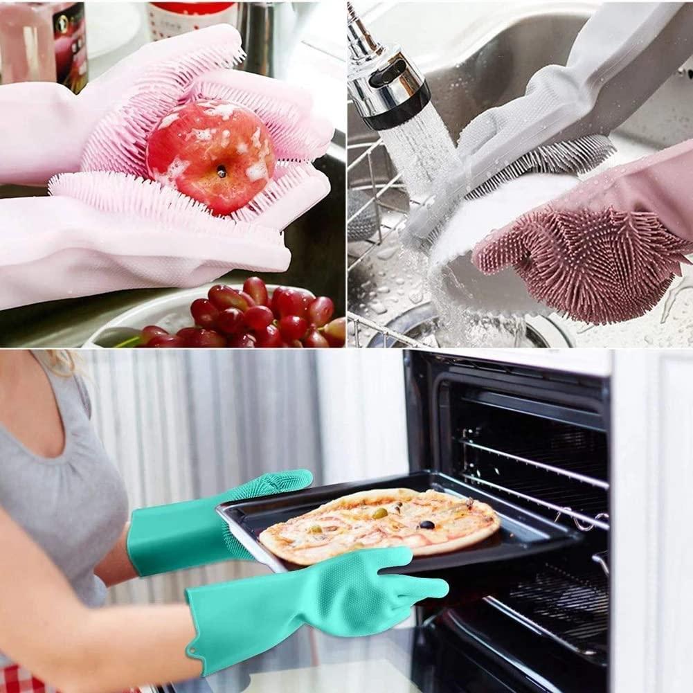 Helenhouse Dishwashing Cleaning Gloves Silicone Rubber Sponge Gloves Household Scrubber Kitchen Cleaning Tools Kitchen (Blue)