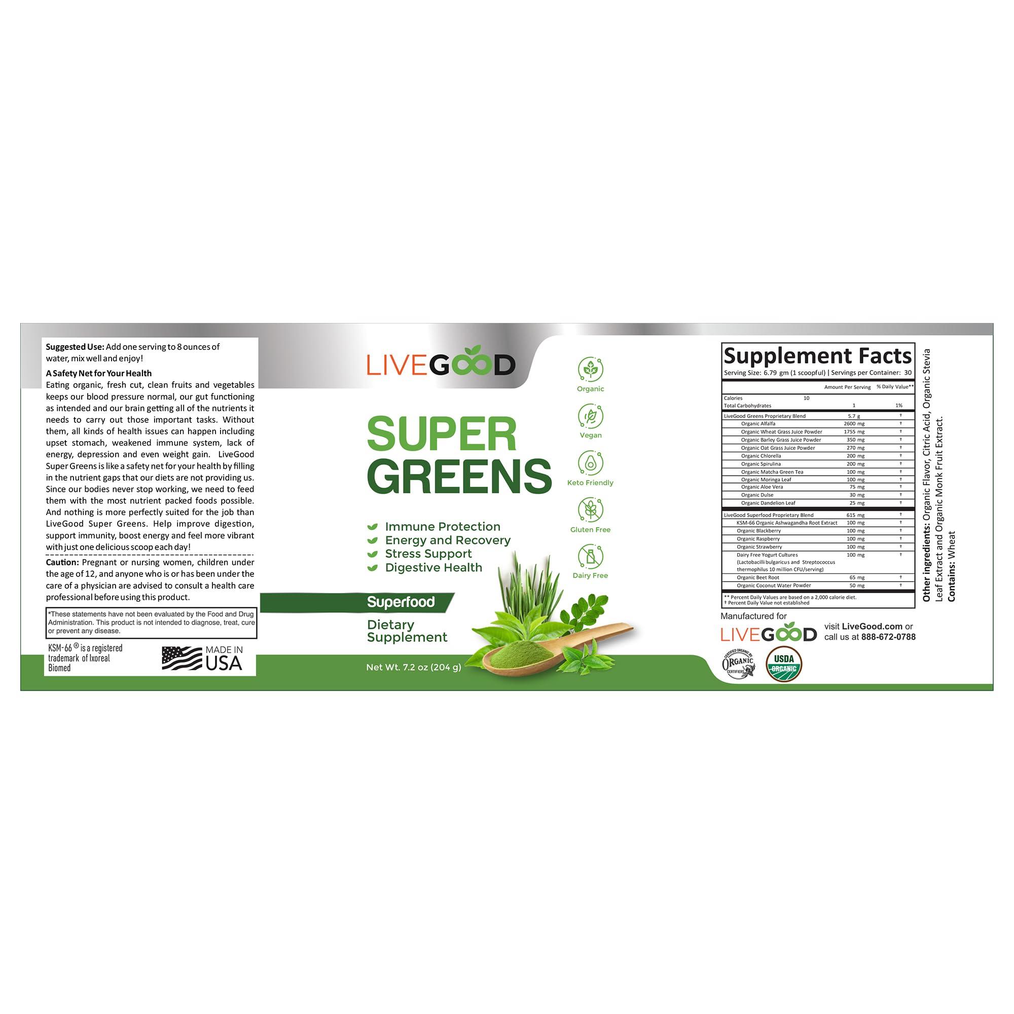 LIVEGOOD LIVEGOOD Organic Super Greens with Wheat, Barley, Oat Grass, Matcha Green Tea, Aloe Vera, Vegan, Gluten Free, 7.2 oz.