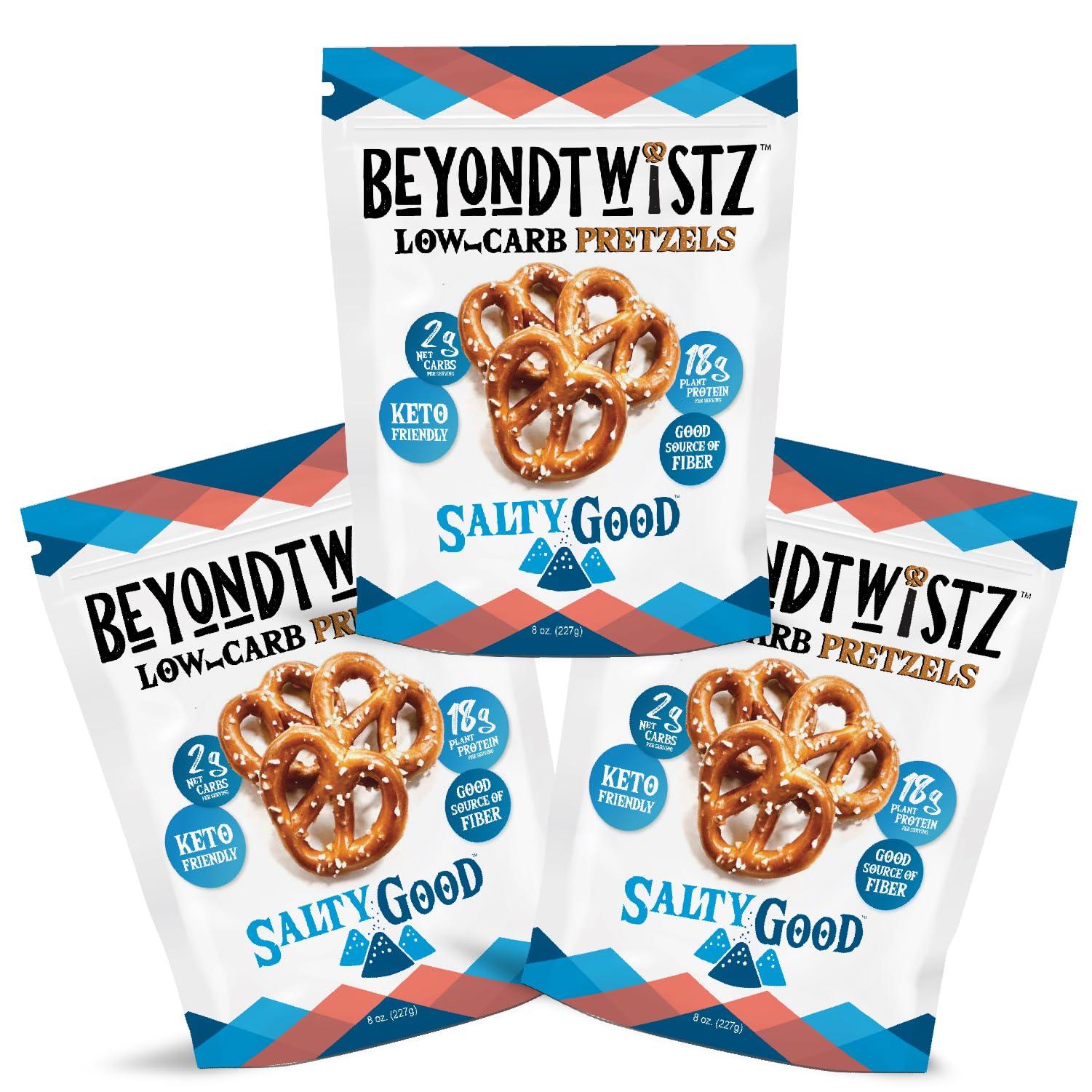 BeyondChipz BeyondTwistz Low Carb Pretzels, Salty Good, Keto Friendly, 2g Net Carbs, 18g Protein, Powered By HealthSense High Fiber Wheat Flour, Family Size 8oz Bag, Pack of 3