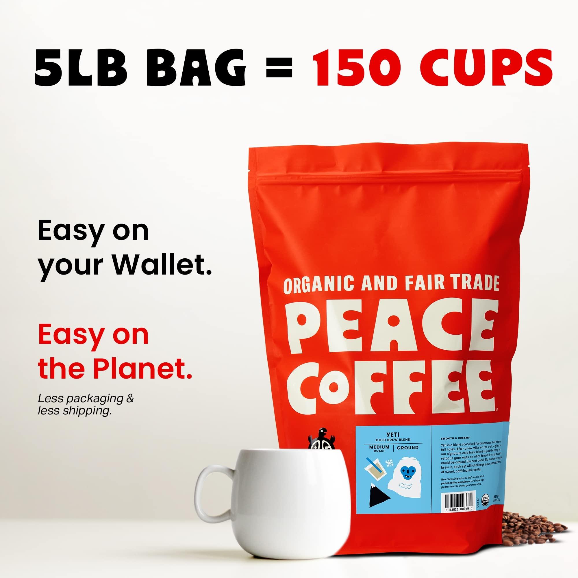 Peace Coffee Peace Coffee Yeti Cold Brew Blend | 5 lb Medium Roast Course Grind| Organic Fair Trade | Smooth, Rich Flavor | Shade Grown, Fresh Roasted