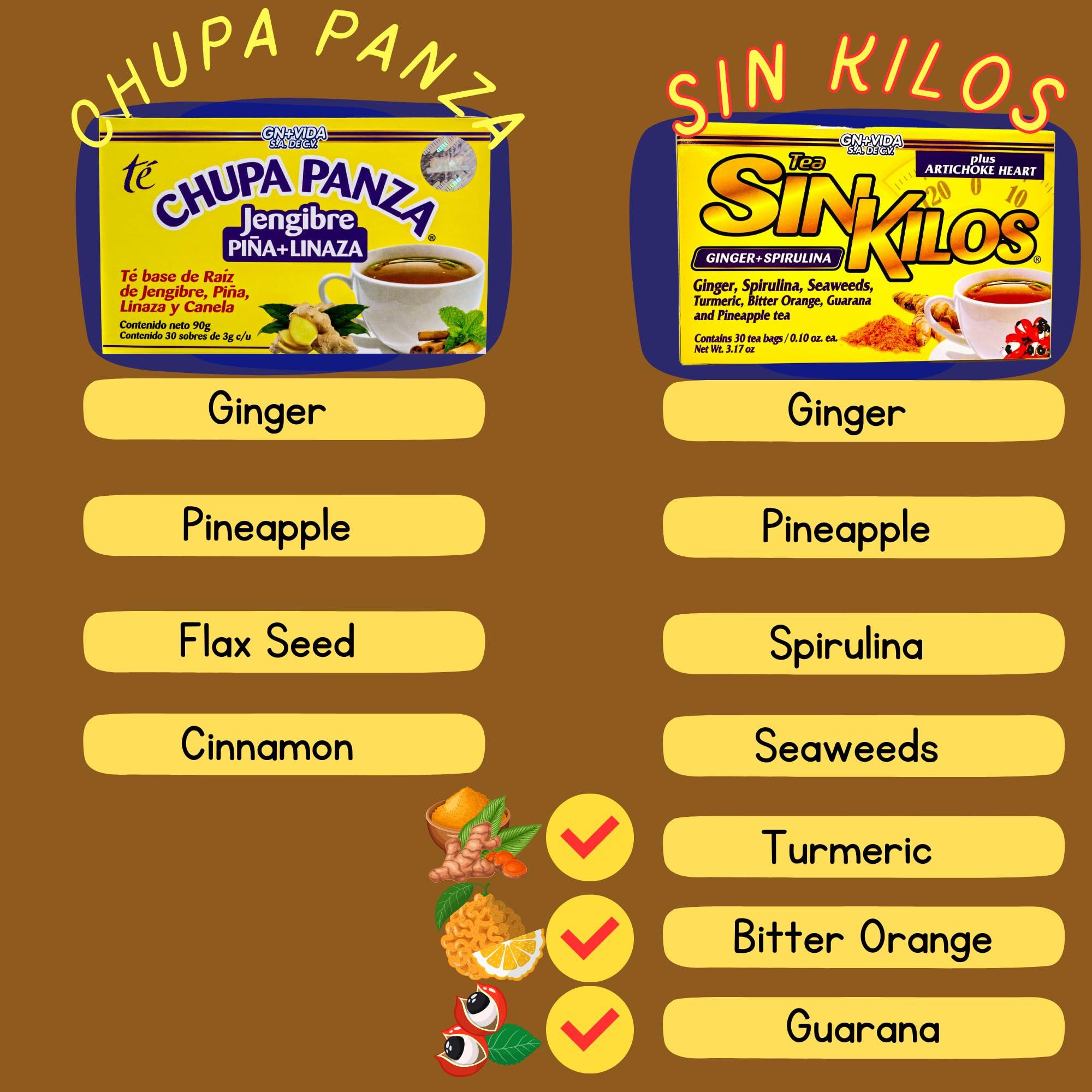 GN+Vida SinKilos Detox Tea GN+Vida Powerful Cleansing Tea with Ginger, Spirulina, Turmeric Orange and Pineapple Healthy Antioxidant Formula, Caffeine Free All Natural Digestive Te Panza y Grasa Herbal | 30 Ct