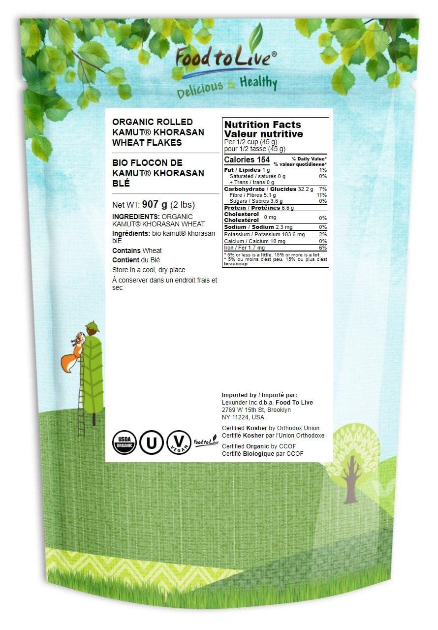 Food to Live Food to Live Organic Rolled KAMUT Khorasan Wheat Flakes, 2 Pounds Non-GMO, Made from Whole Wheat Berries, Kosher, Bulk, Great for Cereal, Granola, Muffins and Milling into Flour for Baking, Product of the USA.