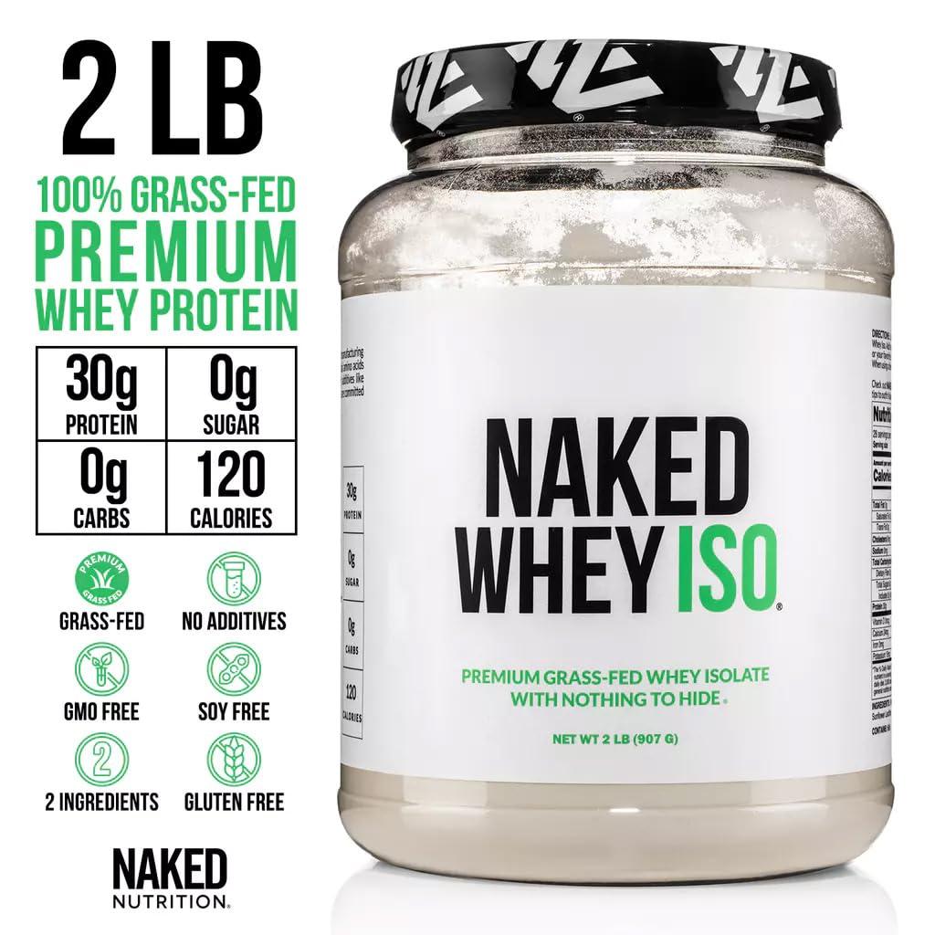 Naked Nutrition Naked Whey Isolate Protein - Only 2 Ingredients, 30g Grass-Fed Protein, Unflavored, Undenatured, No GMO, No Soy, Gluten-Free, No Preservatives - 28 Servings