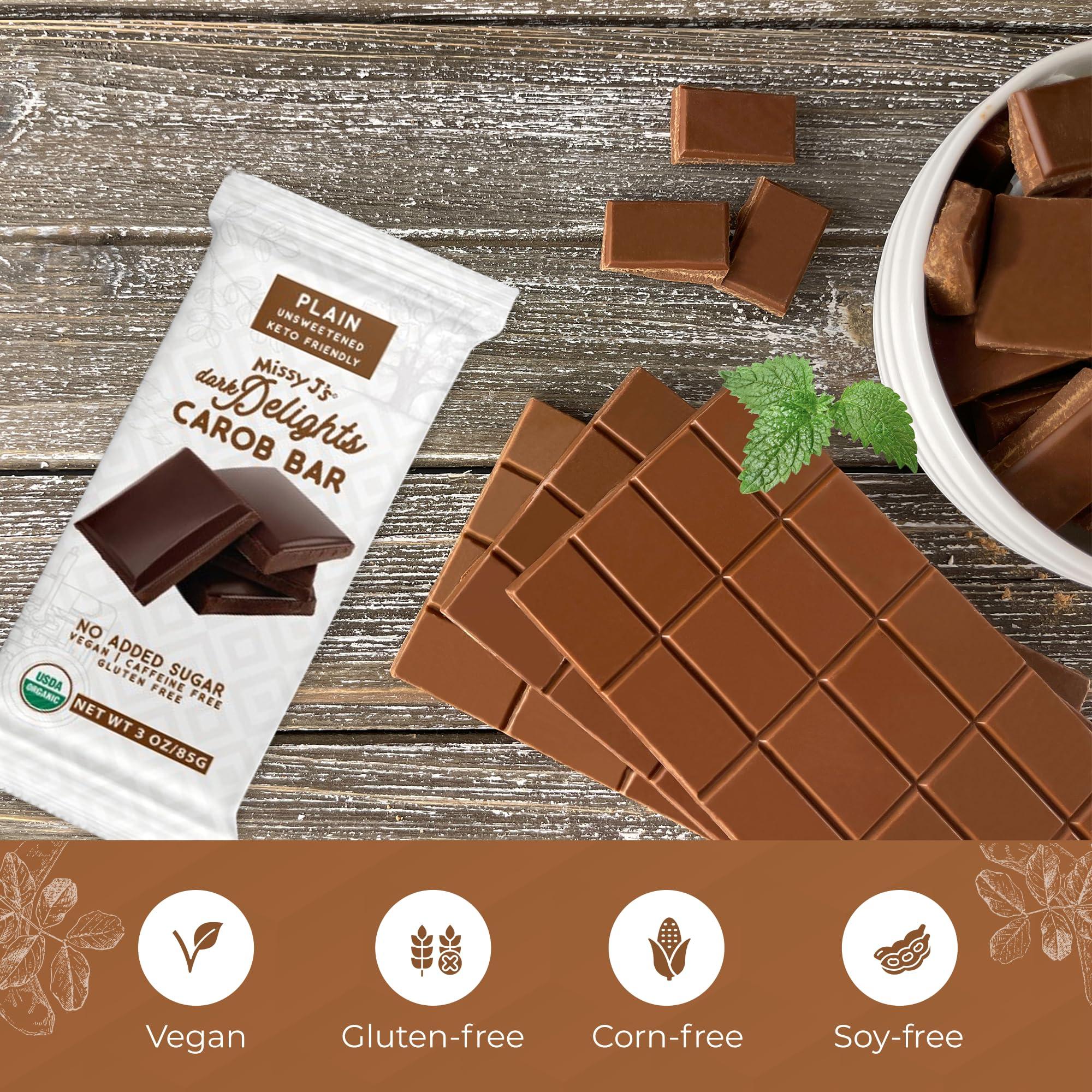 Missy J\'s Missy J\'s Organic Carob Dark Delights Unsweetened Plain Candy Bar 3 Oz 6 Pack, Vegan, Gluten and Caffeine Free, Healthy Substitute for Chocolate, Perfect for Snacks and Treats