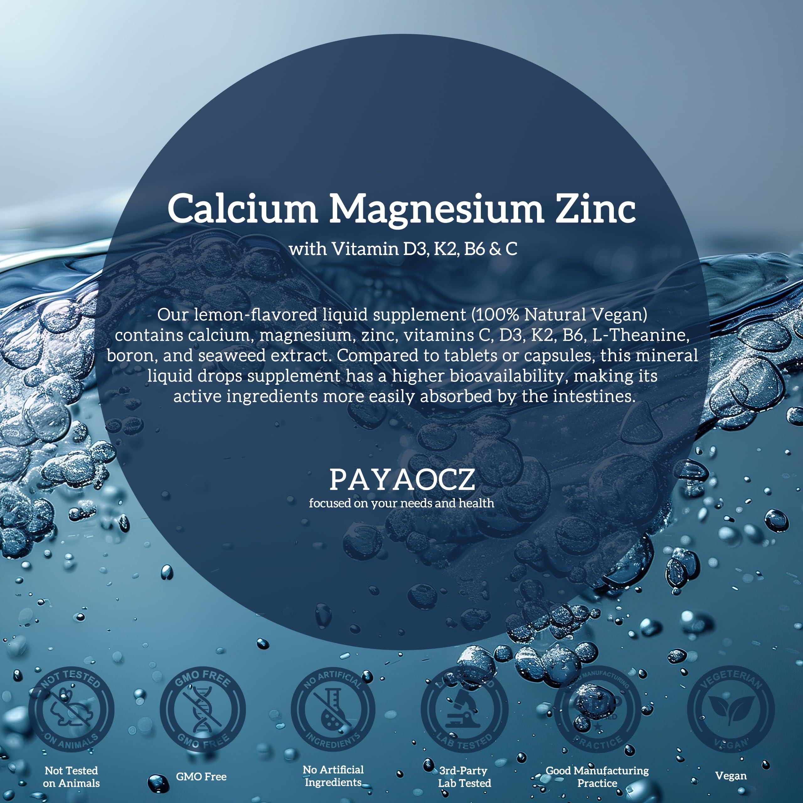 PAYAOCZ (4 Pack) 10 in 1 Calcium Magnesium Zinc Supplement, Magnesium Glycinate Complex Liquid Drops with Vitamin D3 K2 B6, Vegan Calcium Citrate Bone & Immune Health Support, Sleep & Cramps, Boron, 1 Fl Oz