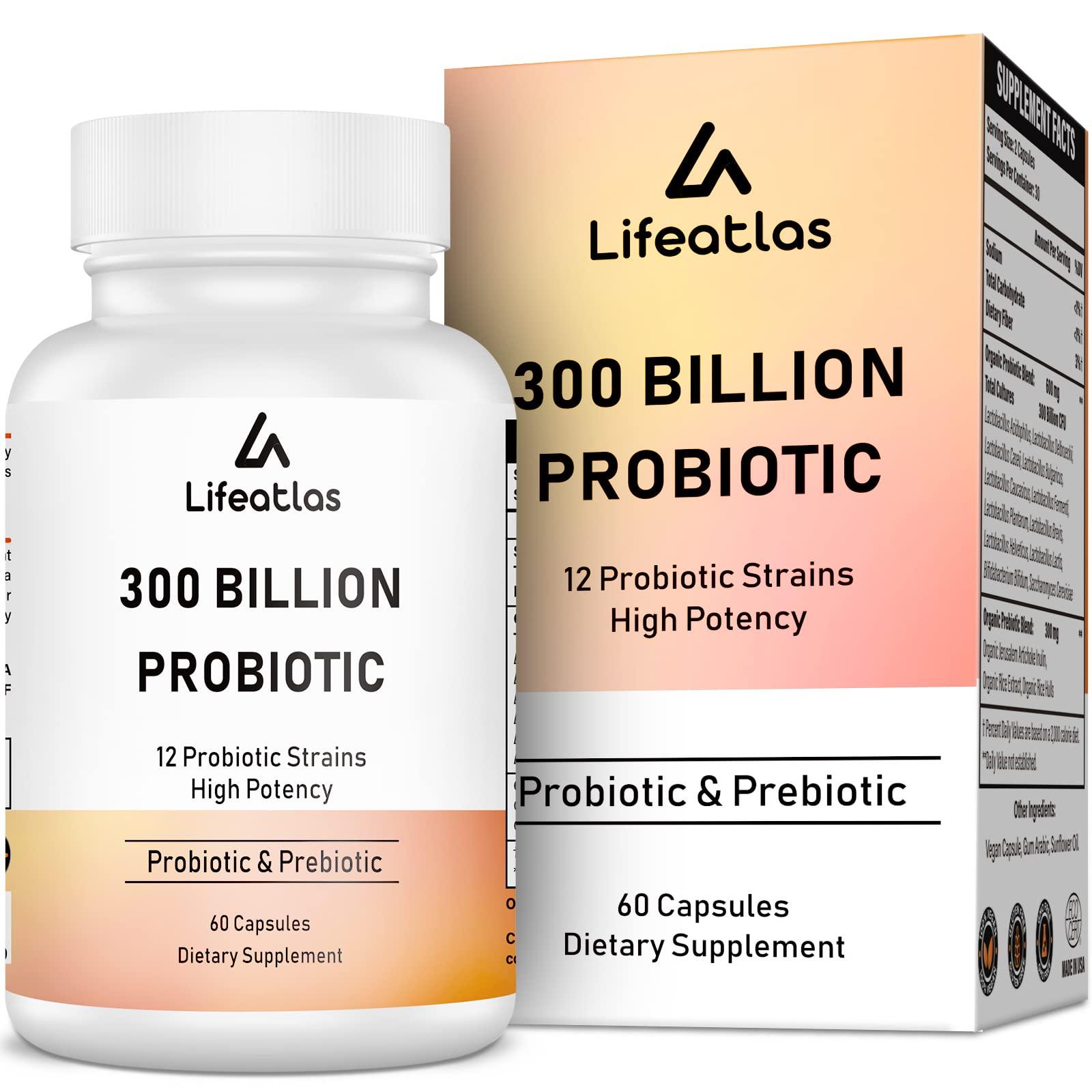 Lifeatlas 300 Billion CFU Probiotics - Probiotics for Women and Men, 12 Probiotic Strains Plus Prebiotic, for Immune & Digestive, Gut Health, Gas Bloating, Shelf Stable - 60 Capsules
