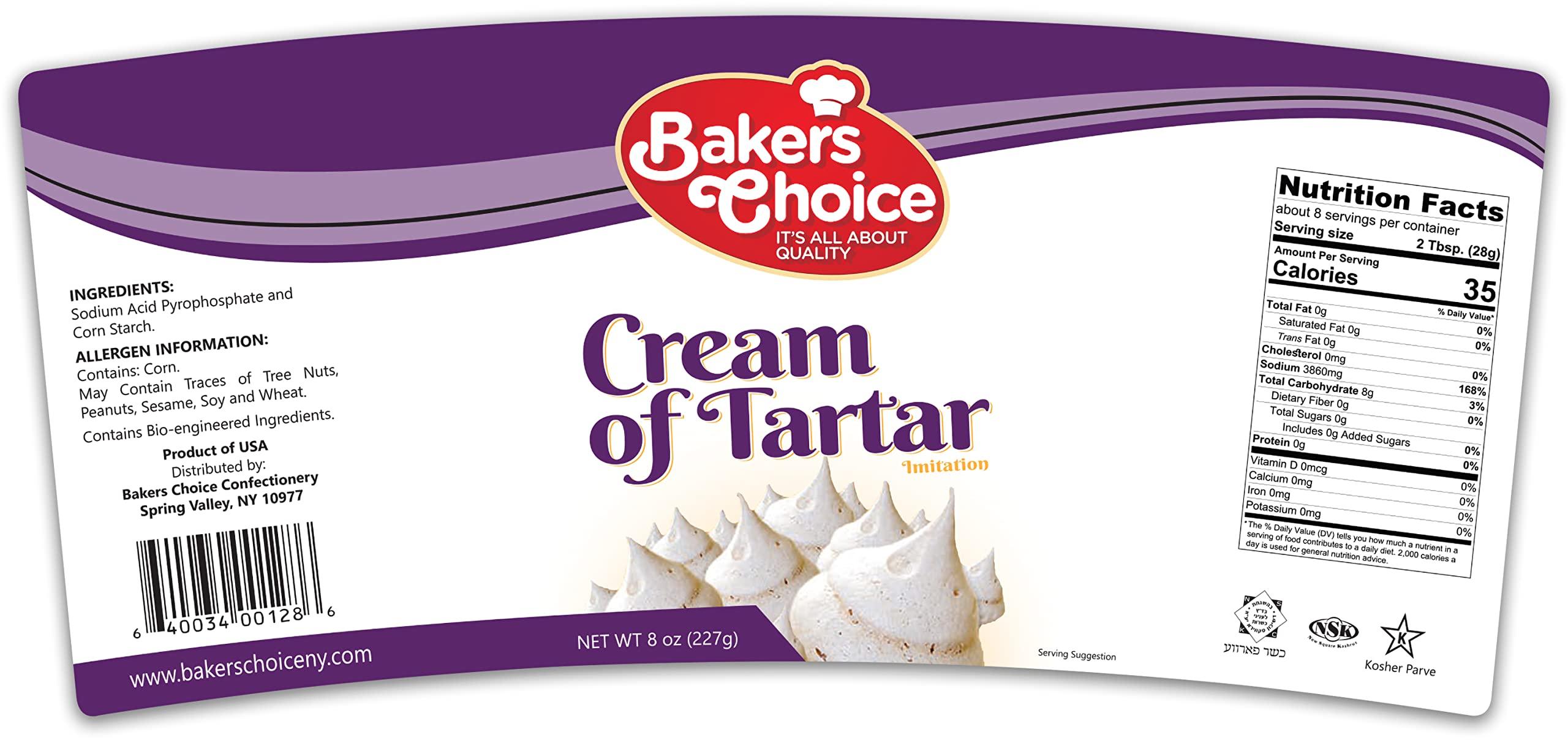 Baker\'s Choice Premium Cream of Tartar for Baking and Cooking Ingredient - Cream of Tarter Powder - Prevents Sugar From Binding and Crystalizing - 8 oz. - Non Dairy, Kosher - By Bakers Choice