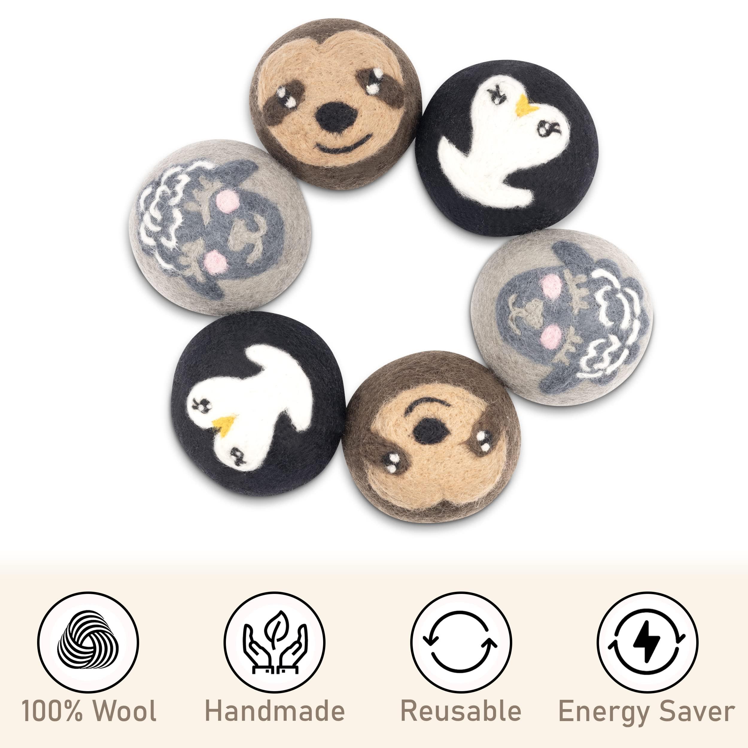 Adornimal Wool Dryer Balls Sloth, Penguin and Sheep Design Dryer Balls Laundry Reusable Natural Fabric Softener 100% Pure New Zealand Wool Handcrafted in Nepal 6 Pack Laundry Balls for Dryer