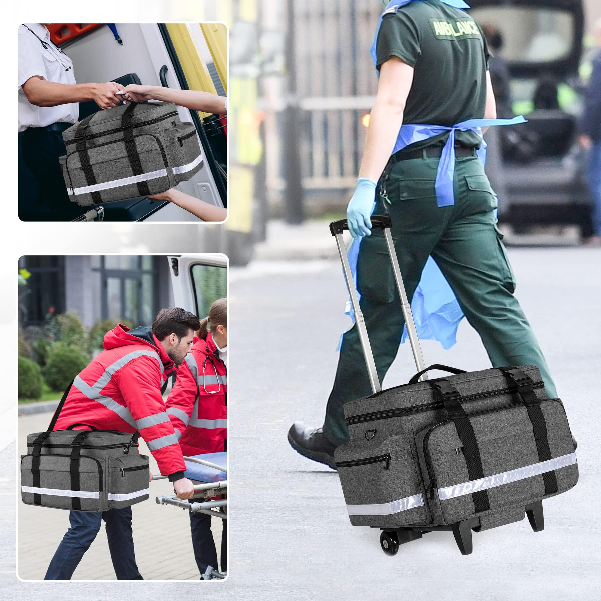 Damero Damero Rolling Medical Bag with Detachable Trolley, Medical Equipment Bag with Removable Pouches and Dividers, First Aid Responder Bag Empty for Home Health Nurses, Doctors, EMT, EMS, Gray