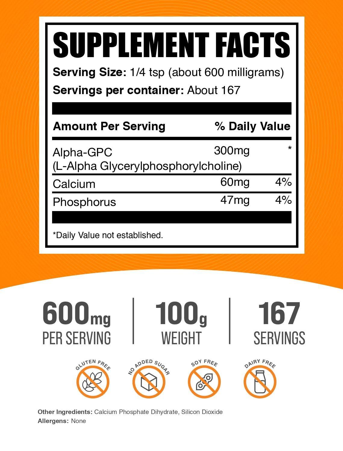 BulkSupplements BulkSupplements.com Alpha GPC Powder - Choline Supplements, Alpha GPC Choline, Alpha GPC 300mg - Acetylcholine Supplements, Brain Supplements - Gluten Free, 600mg per Serving, 100g (3.5 oz)