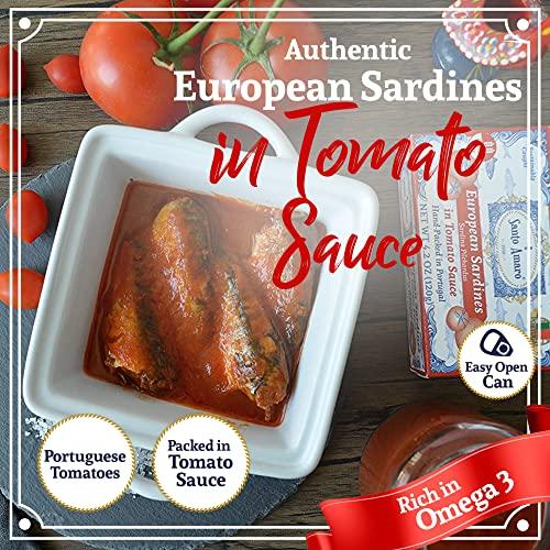 Santo Amaro Santo Amaro - Authentic European Sardines in Tomato Sauce from Puree, Hand-packed Canned Sardines in Tomato Sauce from Portugal, Wild Caught Portuguese Sardines, 23g Protein, Paleo, Dash, Pack of 3