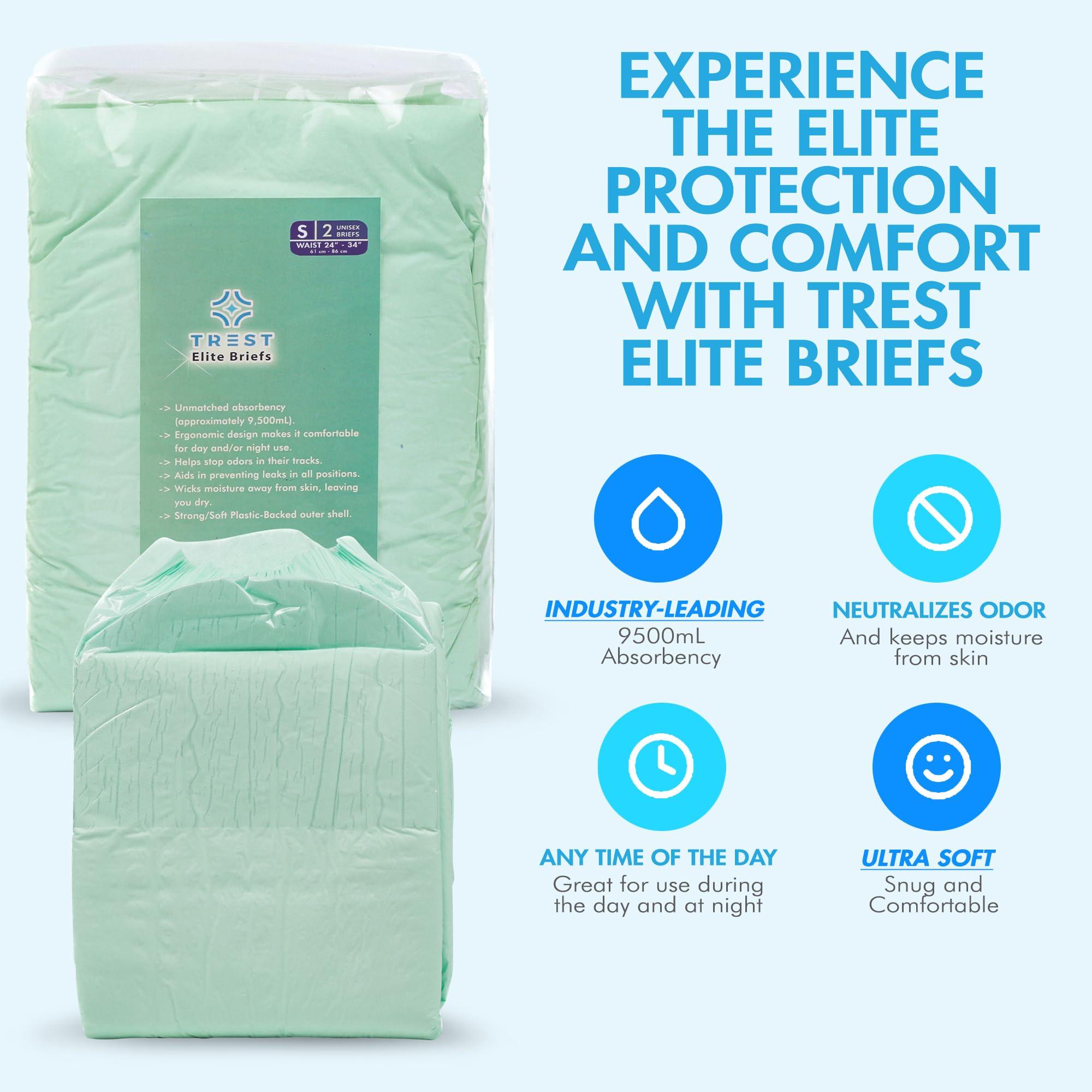 Trest TREST Elite Briefs for Men and Women, Overnight Diapers for Incontinence, Elite Absorbency, Comfortable, Odor Neutralizing and Secure Fit with 2 Wide Tabs - Green, Small (Pack of 2)